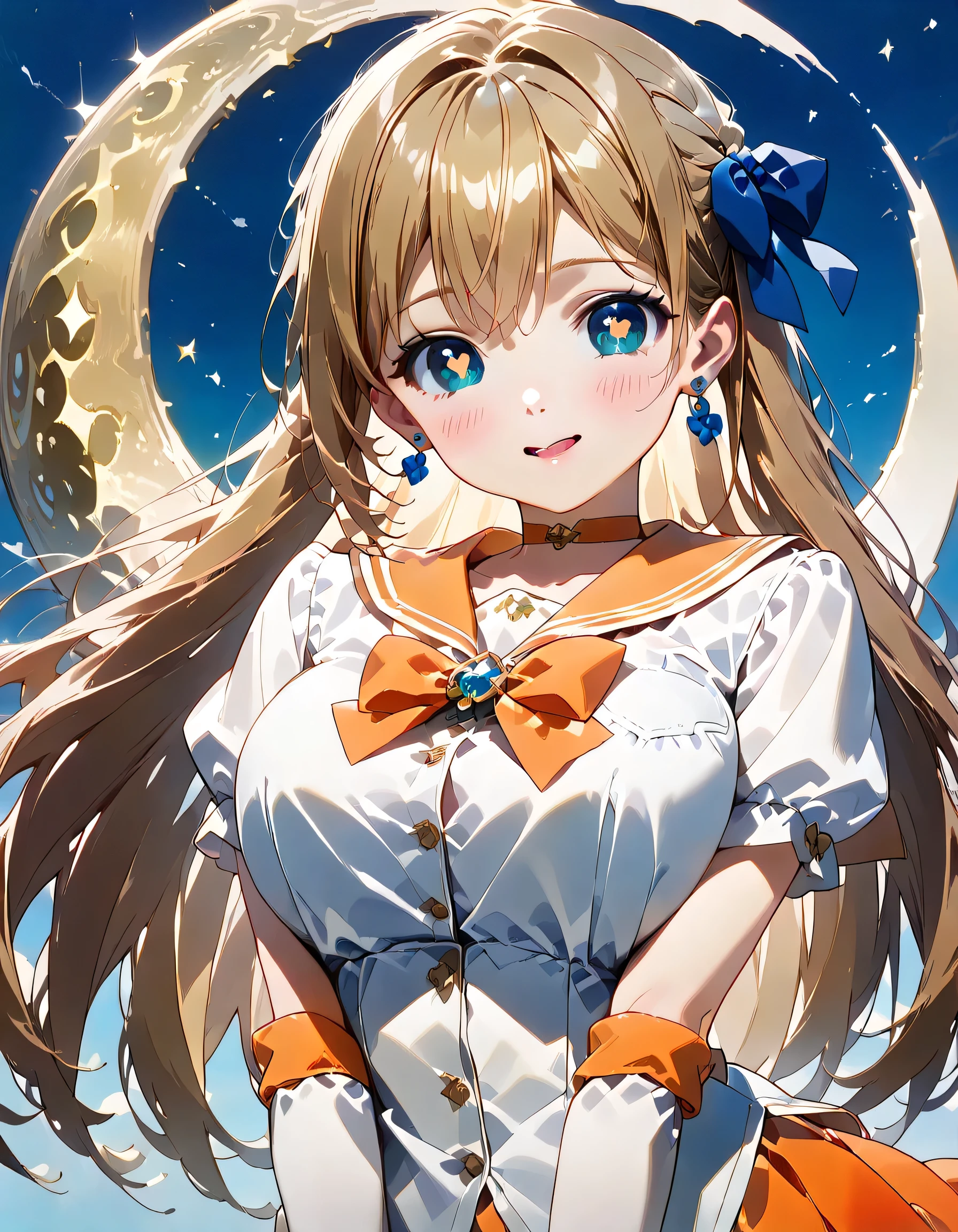 ((ultra-detailed)), (highly detailed CG illustration), (best quality:1.2), ultra-highly detailed, colorful composition, artistic photoshoot, ((1 girl:1.4)), ((solo focus:1.4)), ((upper body:1.4)), moe anime character, , dainty facial structure, (baby facd face), ((rounded chin:1.2)), celia-default, celia claire, (blue eyes), ((close one eye)), ((bronde hair color)), ((long hair)), ((hair blowing in the wind)), ((aavenus)), ((hair ribbon with red:1.4)), ((tiara)), ((earring)), ((orange choker)), ((orange sailor collar)), ((blue ribbon)), ((white shirt)), ((elbow gloves)), ((white gloves)), ((pleated skirt)), ((orange skirt)), ample breasts, ((smile:1.4)), ((happy:1.4)), ((joyful:1.4)), ((full face blush:1.4)), ((shining heart eyes)), ((looking viewer)), ((night)), ((the Crescent moon shines beautifully)), from front, magical girl, Sparkling magical effects, Colorful Galaxy, magical sky, ((dynamic pose)), ((contrapposto pose:1.4)), best quality, masterpiece, expecting, pink cheek, blush, light pink gloss slip, portrait, depth of field, soft lighting, sidelighting, (shine), lighting, caustics, ray tracing, smile, perfect face, lustrous skin, highly detailed face, highly detailed eyes, perfect face, perfect nose, perfect hair, perfect eyes, perfect anatomy, beautiful hair, beautiful small face, extremely detailed face, beautiful detailed eyes, beautiful clavicle, beautiful body, beautiful huge breasts, leavage, breasts squeezed together, equalize the size of the left and right breasts, beautiful thin thighs, beautiful legs, beautiful fingers, 4 fingers, 1 thumb, lovely, (very detailed background:1.0), (highly detailed background:1.0), spring aesthetic, intricate details, night atmosphere, moon night colors palette, chromatic aberration