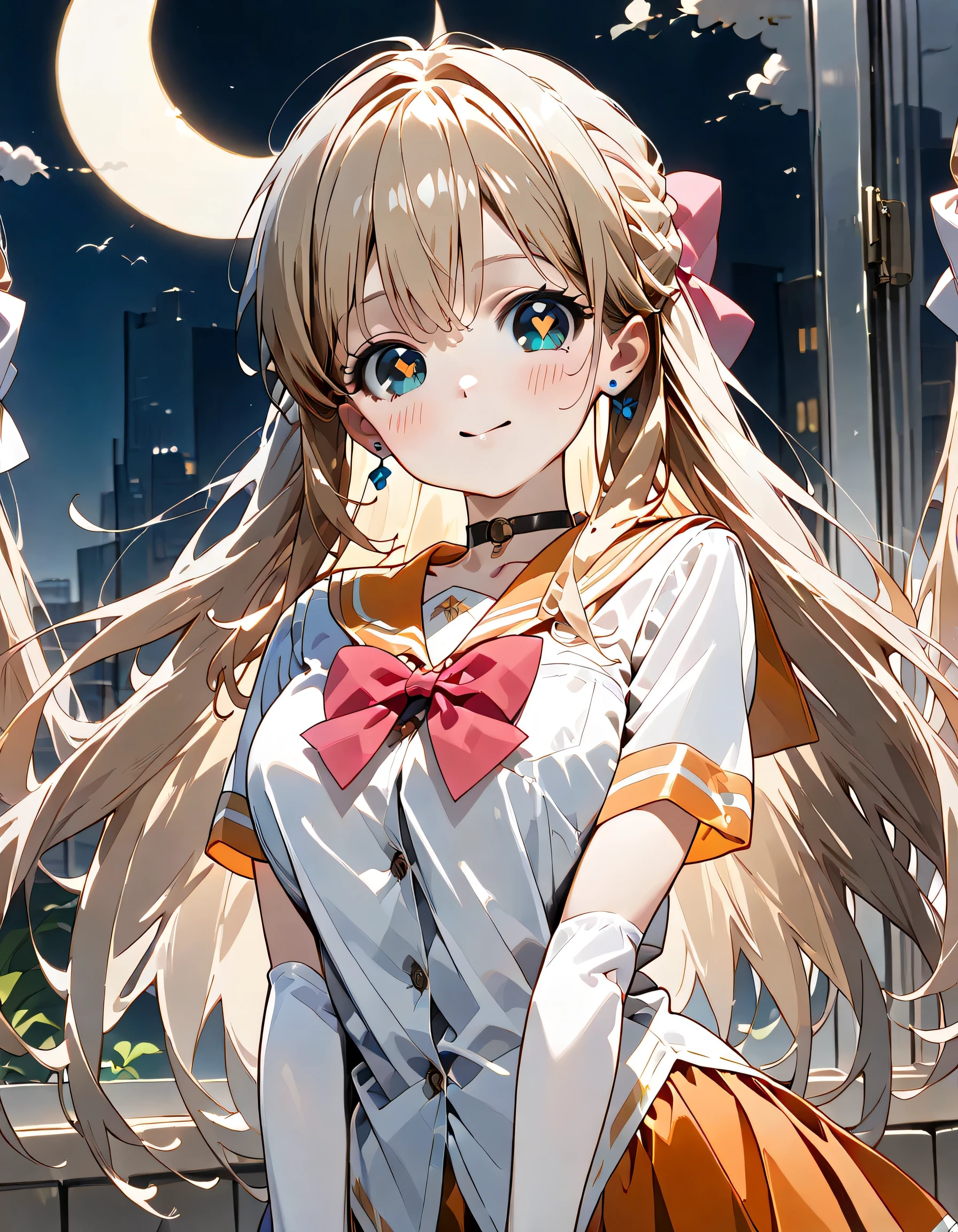 ((ultra-detailed)), (highly detailed CG illustration), (best quality:1.2), ultra-highly detailed, colorful composition, artistic photoshoot, ((1 girl:1.4)), ((solo focus:1.4)), ((upper body:1.4)), moe anime character, , dainty facial structure, (baby facd face), ((rounded chin:1.2)), celia-default, celia claire, (blue eyes), ((close one eye)), ((bronde hair color)), ((long hair)), ((hair blowing in the wind)), ((aavenus)), ((hair ribbon with red:1.4)), ((tiara)), ((earring)), ((orange choker)), ((orange sailor collar)), ((blue ribbon)), ((white shirt)), ((elbow gloves)), ((white gloves)), ((pleated skirt)), ((orange skirt)), ample breasts, ((smile:1.4)), ((happy:1.4)), ((joyful:1.4)), ((full face blush:1.4)), ((shining heart eyes)), ((looking viewer)), ((night)), ((the Crescent moon shines beautifully)), from front, magical girl, Sparkling magical effects, Colorful Galaxy, magical sky, ((dynamic pose)), ((contrapposto pose:1.4)), best quality, masterpiece, expecting, pink cheek, blush, light pink gloss slip, portrait, depth of field, soft lighting, sidelighting, (shine), lighting, caustics, ray tracing, smile, perfect face, lustrous skin, highly detailed face, highly detailed eyes, perfect face, perfect nose, perfect hair, perfect eyes, perfect anatomy, beautiful hair, beautiful small face, extremely detailed face, beautiful detailed eyes, beautiful clavicle, beautiful body, beautiful huge breasts, leavage, breasts squeezed together, equalize the size of the left and right breasts, beautiful thin thighs, beautiful legs, beautiful fingers, 4 fingers, 1 thumb, lovely, (very detailed background:1.0), (highly detailed background:1.0), spring aesthetic, intricate details, night atmosphere, moon night colors palette, chromatic aberration