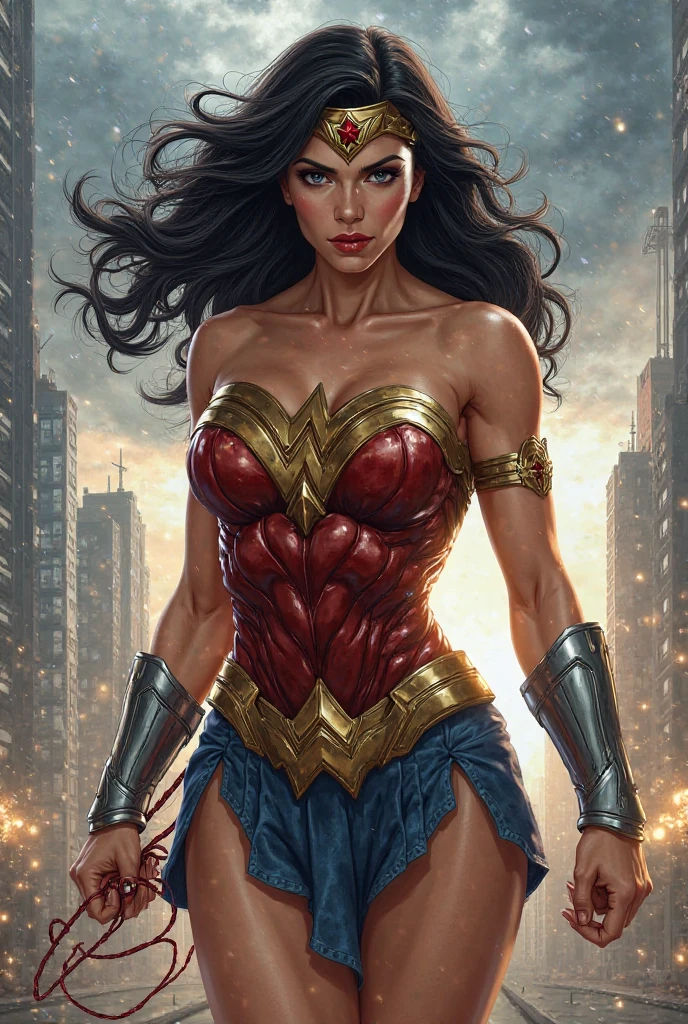 A MUSCULAR FEMALE, WITH LONG BLACK HAIR, BLUE EYES, WITH HUGE BULGING SWOLLEN MUSCLES, WEARING A CLASSIC BLUE SUPERMAN COSTUME AND RED CAPE. ABSURD 8K RESOLUTION, INCREDIBLY DETAILED SKIN AND EYES.