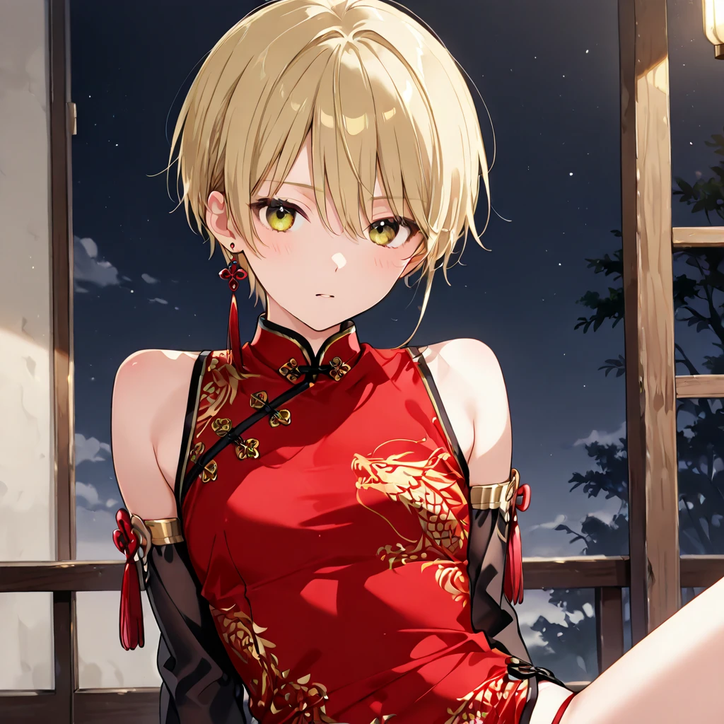 score_9, score_8_up, source_anime, solo, 1girl, tomboy, dress, hellsing, lole, young, ((aged down)), ikuchan, blonde hair, blonde hair, oriental, Chinese dress, short dress, indoors, smile