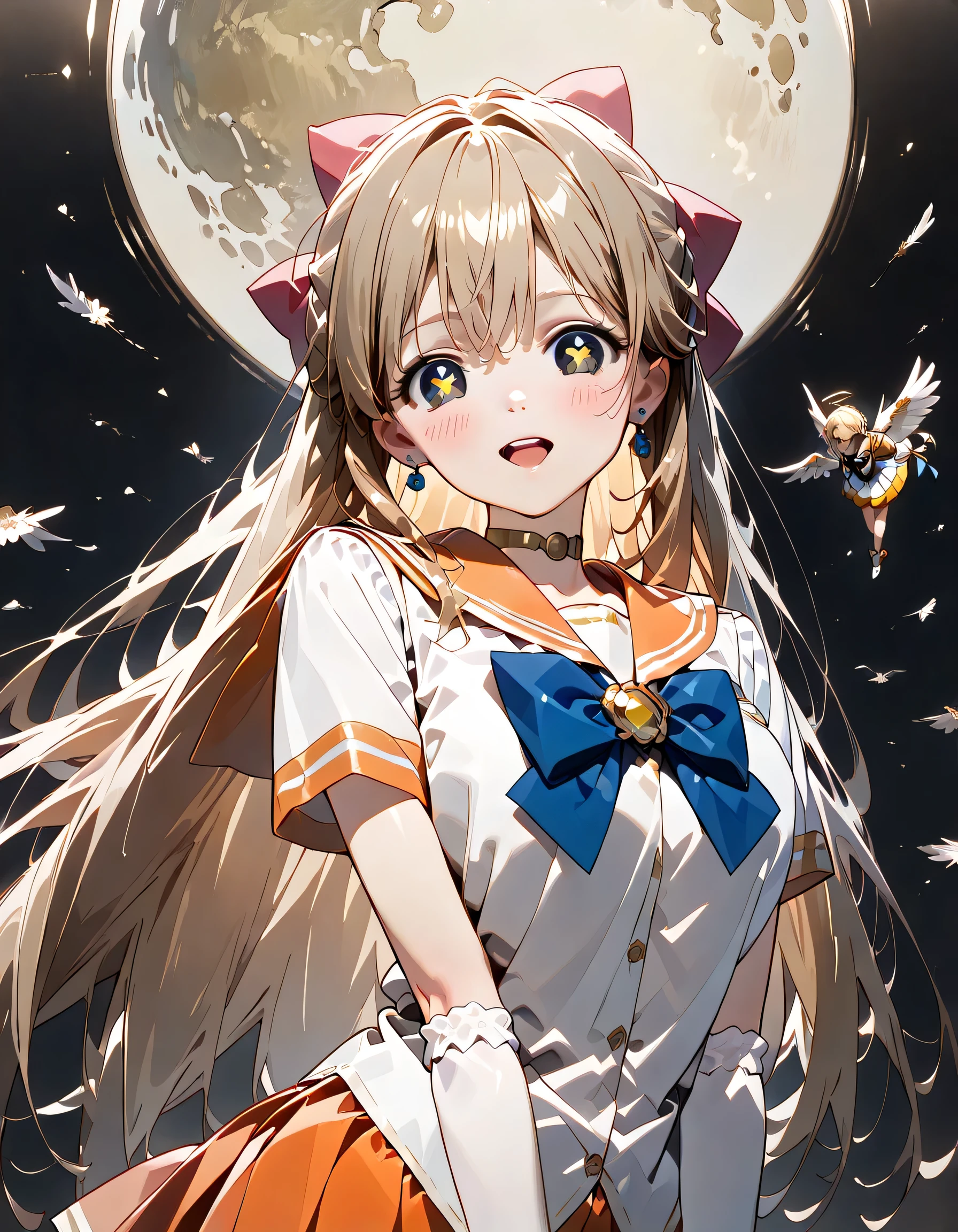 ((ultra-detailed)), (highly detailed CG illustration), (best quality:1.2), ultra-highly detailed, colorful composition, artistic photoshoot, ((1 girl:1.4)), ((solo focus:1.4)), ((upper body:1.4)), moe anime character, , dainty facial structure, (baby facd face), ((rounded chin:1.2)), celia-default, celia claire, (blue eyes), ((close one eye)), ((bronde hair color)), ((long hair)), ((hair blowing in the wind)), ((aavenus)), ((hair ribbon with red:1.4)), ((tiara)), ((earring)), ((orange choker)), ((orange sailor collar)), ((blue ribbon)), ((white shirt)), ((elbow gloves)), ((white gloves)), ((pleated skirt)), ((orange skirt)), ample breasts, ((open mouth)), ((smile:1.4)), ((happy:1.4)), ((joyful:1.4)), ((full face blush:1.4)), ((shining heart eyes)), ((looking viewer)), ((night)), ((the Crescent moon shines beautifully)), from front, magical girl, Sparkling magical effects, Colorful Galaxy, magical sky, ((dynamic pose)), ((contrapposto pose:1.4)), best quality, masterpiece, expecting, pink cheek, blush, light pink gloss slip, portrait, depth of field, soft lighting, sidelighting, (shine), lighting, caustics, ray tracing, smile, perfect face, lustrous skin, highly detailed face, highly detailed eyes, perfect face, perfect nose, perfect hair, perfect eyes, perfect anatomy, beautiful hair, beautiful small face, extremely detailed face, beautiful detailed eyes, beautiful clavicle, beautiful body, beautiful huge breasts, leavage, breasts squeezed together, equalize the size of the left and right breasts, beautiful thin thighs, beautiful legs, beautiful fingers, 4 fingers, 1 thumb, lovely, (very detailed background:1.0), (highly detailed background:1.0), spring aesthetic, intricate details, night atmosphere, moon night colors palette, chromatic aberration