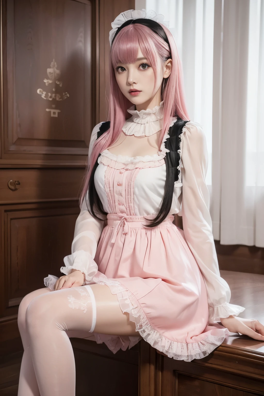 high quality,pretty girl,Sitting on the sofa exquisitely,maid outfit,pink hair,cat ears,white stockings,sexy