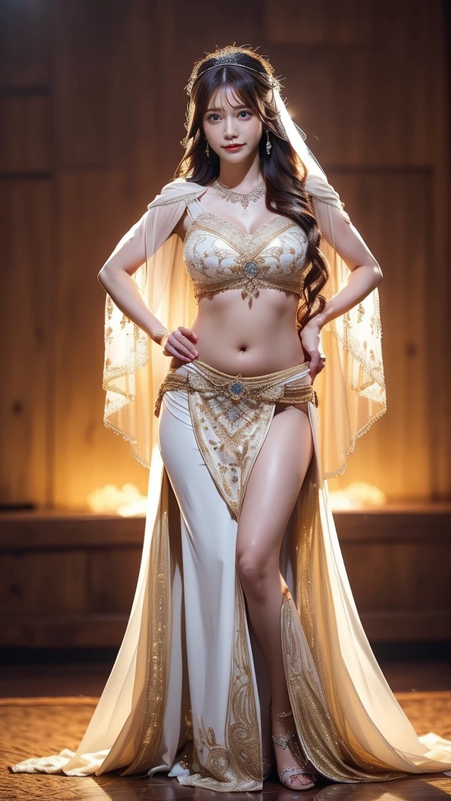 Best Quality, Ultra High Resolution, Masterpiece, Photo Realistic: 1.8), Pore, Precision, Palace, Ruins, Arabian Nights, Dancer, Belly Dance, See-through, Pale Light, Young Woman, Birth of Venus, Naked, Overflowing Breasts, Symbol as a Woman, Have Pubic Hair, Detailed Description, 23 Years Old, Smile, Cute,