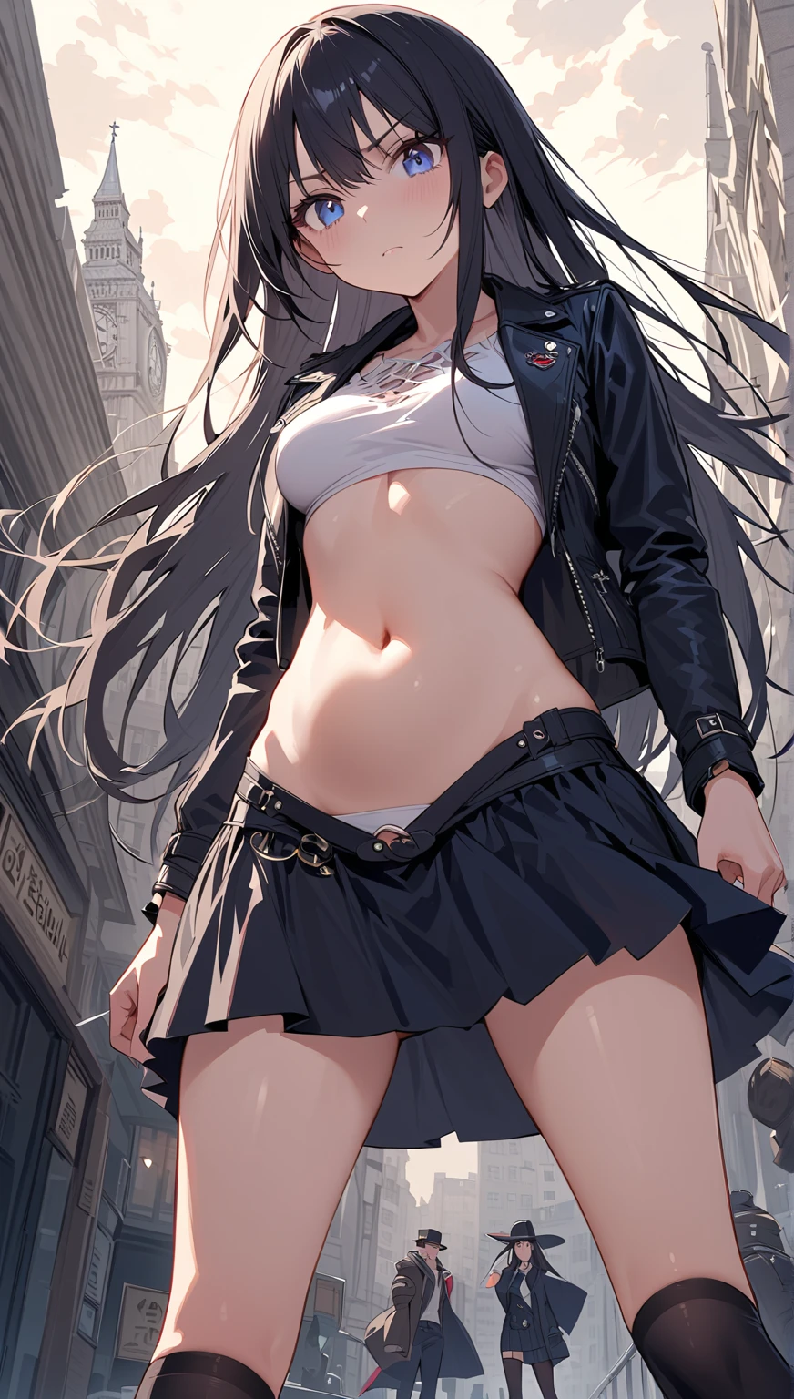 1 japanese girl, solo, short girl, black long hair, breasts, bangs, looking at viewer, long sleeves, Brown newsboy cap, navel, large breasts,collarbone, Brown jacket, (white collared shirt:1.2), sidelocks, thighs, cowboy shot, parted lips,midriff, stomach, Brown jacket, crop top, groin, no bra, no panties, ass visible through thighs, thigh gap, (black micromini skirt:1.2), unbuttoned, cutoffs, (Hip bone:1.4), Pleated skirt, knees up, (extremely low-rise micro mini skirt which is so short that her pubis is visible:1.4 ), dynamic pose, dynamic angle, The front of the shirt is open,The shirt is wide open, The shirt is unbuttoned, The cleavage is visible all the way down to the bottom, childlike young woman, baby face, Black ribbon choker, (pubis exposed:1.4), groin area, Hip bones, , (extremely low-rise micro mini skirt which is so short that her groin area is visible:1.4 ), (The skirt is blown up by the wind:1.4), shy, pussy, woman, hyper detailed, outside, Fantasy style cityscape, cute, kawaii,, panicking, surprised, confused, confused eyes,(no panties:1.3), (pantyless:1.3), face is flushed, (shaved pussy:1.2)