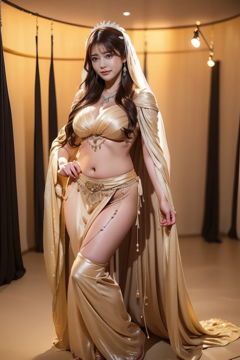 (best quality,ultra-detailed,realistic:1.37), beauty Gal gadot with hijab on the stage, belly dancer exotic dancing costume, big breast, chubby, graceful movements, vibrant colors, seductive gaze, ethereal atmosphere, intricate jewelry, flowing veils, mesmerizing performance, hypnotic rhythms, alluring expressions, silhouetted against the moonlight, captivating stage presence, captivating music, enchanting and sensual.