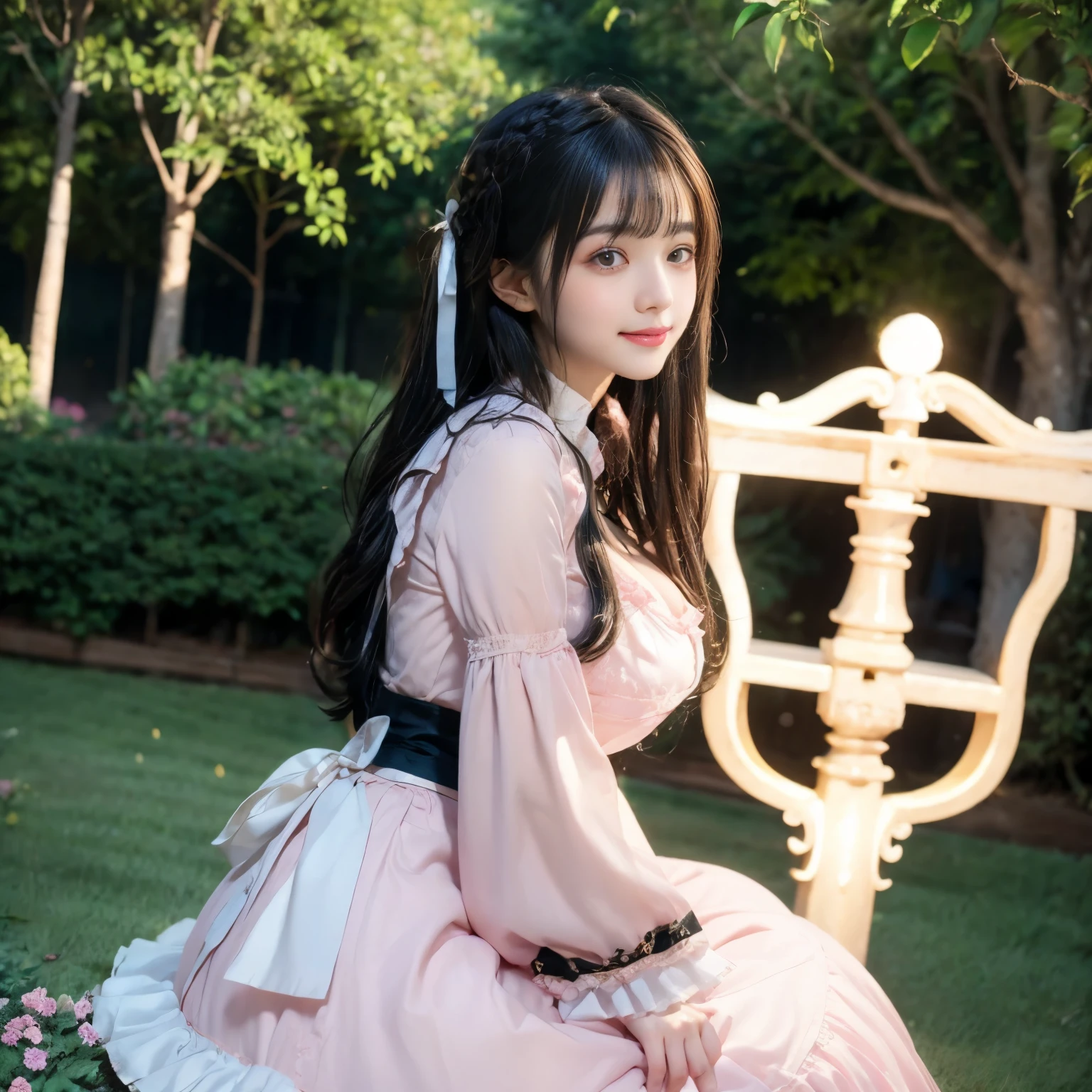 best quality, delicate face,blush, 1 girl, black hair, Long curly hair, blunt bangs, Smile, pink skirt, pink ta dress, layered skirt, Lolityle long skirt,21 years old female,wearing a pink lolita d(dreamy atmosphere:1.1)、Masterpiece、born、Scenes resembling fairy tale illustrations、huge breasts,hands on hips,Wide cuffs cover hands,whole body,in the garden,The background is the garden,Detailed background,Garden of dreams,background many flowers