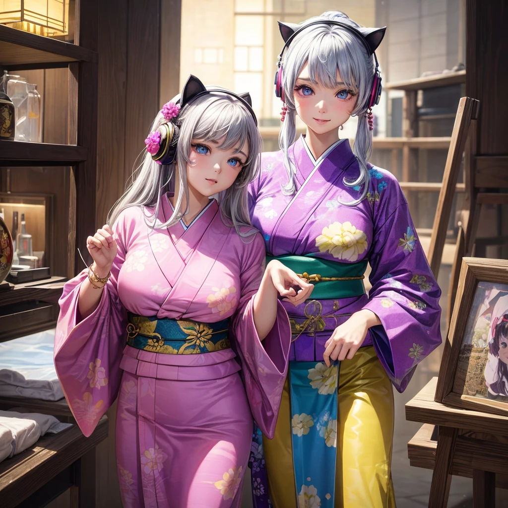 (8k, HDR, RAW photo, best quality, masterpiece:1.2, realistic lighting), overhead view, dynamic angle, Korean girl, (thin face), realistic beautiful face, very detailed face, smile, blush, horny expression, mouth open, (bob cuts hair), ((sky blue hair)), path traced hair, (sky blue cat ears), ((sky blue eyes)), beauty eyes, (flat chest), (small breast), thick thighs, kimono white lingerie, (japanese home:1.3), look up, upper body
