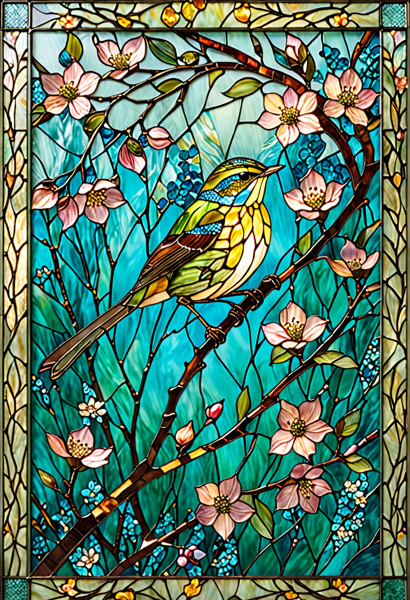 A breathtaking stained-glass artwork featuring a Japanese Bush Warbler perched gracefully on a blossoming branch. The bird's delicate olive-green plumage shimmers with intricate glass textures, reflecting soft golden hues. Surrounding the warbler are elegant sakura (cherry blossoms) and fresh spring leaves, forming an exquisite natural frame. The background showcases a stunning mosaic of blue and turquoise glass, evoking the serene sky of early spring. The stained-glass effect is highly detailed, with leaded outlines enhancing the depth and luminosity of the piece. A masterpiece of warmth, elegance, and timeless beauty.