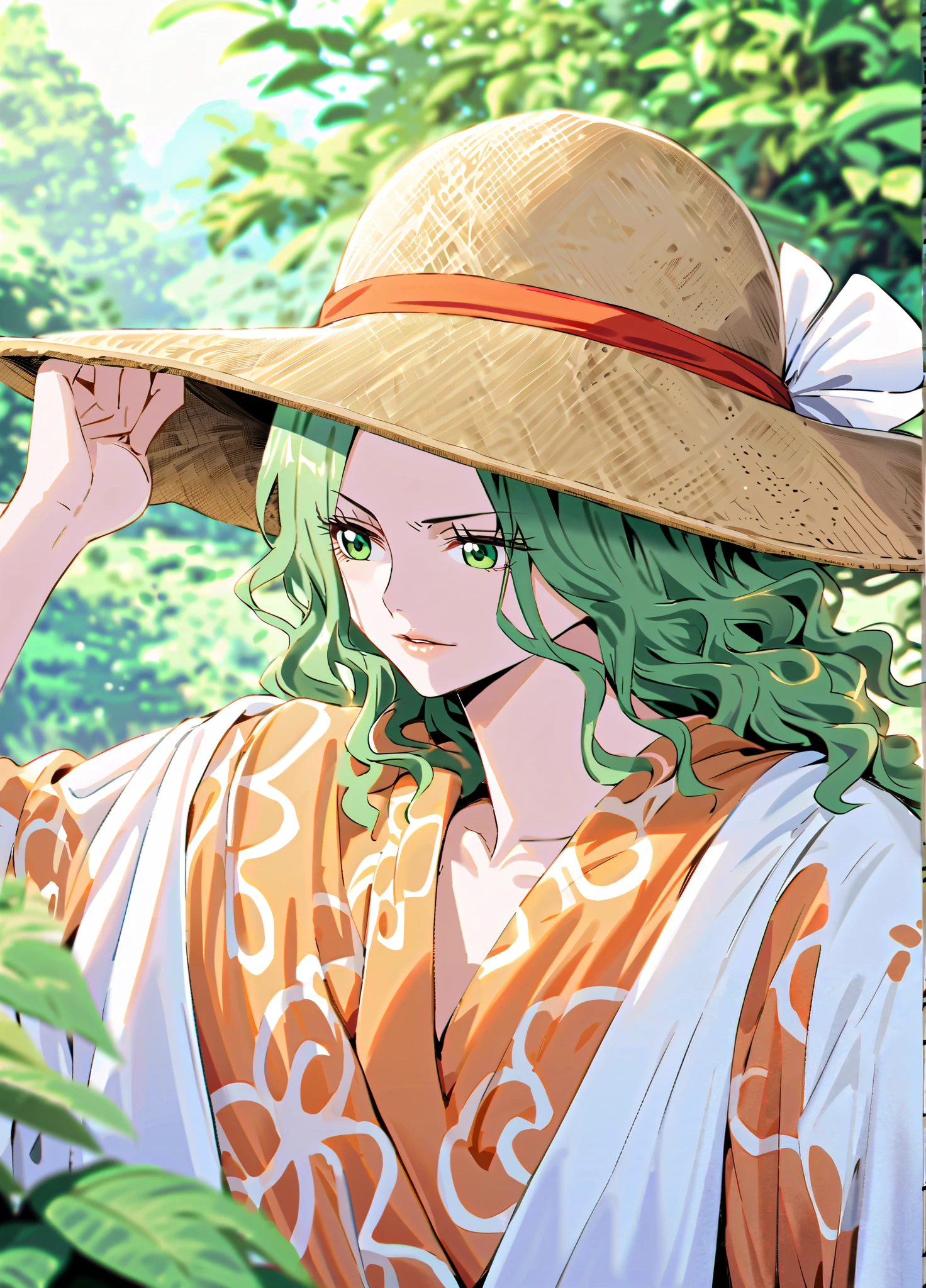 masterpiece, TOP QUALITY), 複雑なexhaustive, 1 girl, woman, green hair, We \ (One Piece\), ( long hair), shirt, white shirt, womanに焦点を当てる, close , orange kimono, Exposing, nature, scenery, upper body, Straw Hat, (( front view)) (( close アップショット)) ((Alone)) (( hair covering one side of the face )) exhaustive, Ultra High Definition , No blurry images , full body, green eye, Wavy Hair, ((We from One Piece)) ((female We from One Piece)), katana