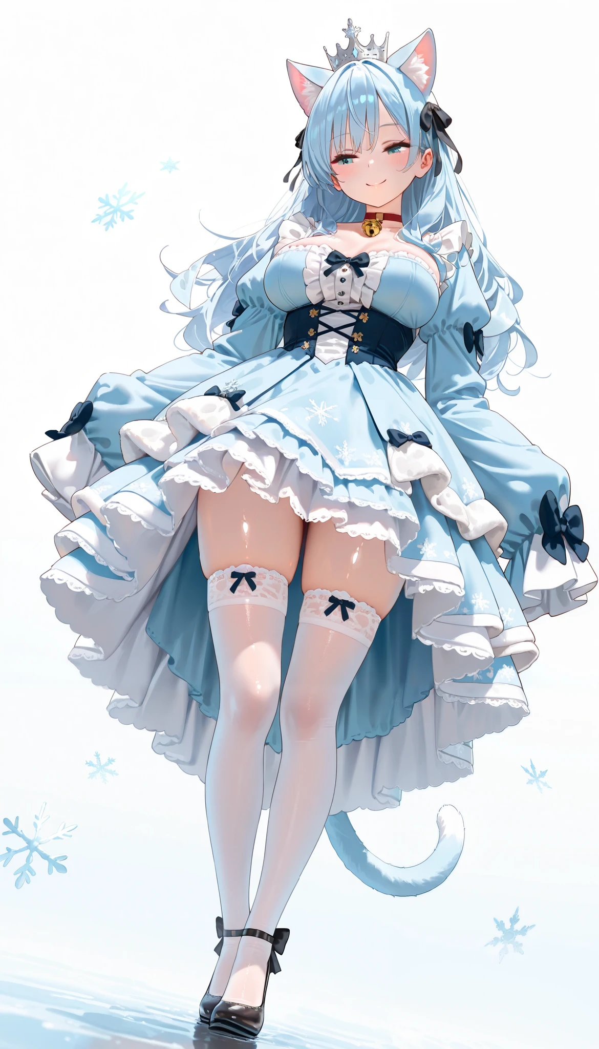 Ultra-realistic 8k CG, beautiful girl with white hair, blue eyes, open mouth, puffy, plump body, corset breast, fleshy thighs, white floral pattern stockings, high heels, full body, looking at the audience, symmetry