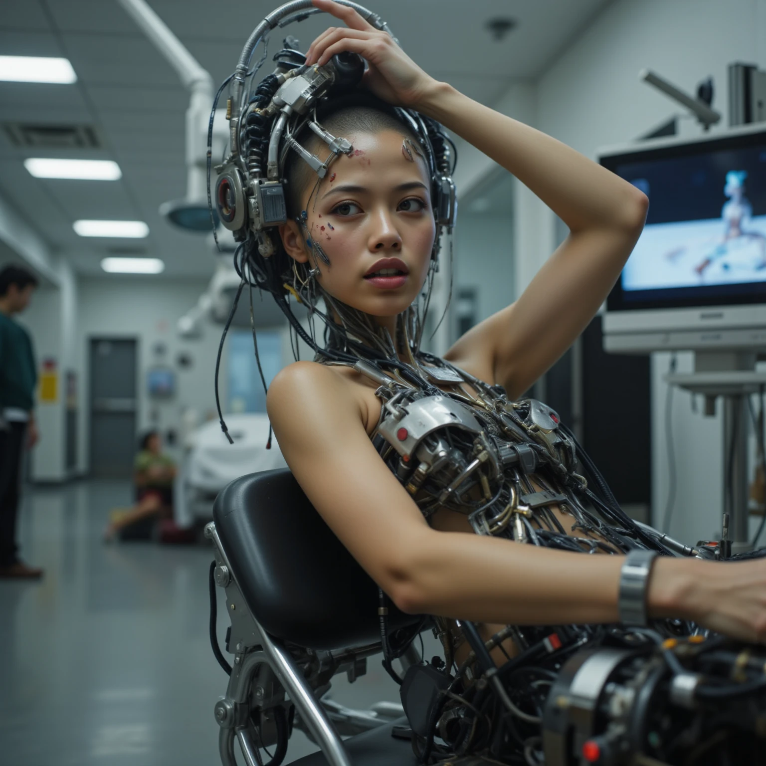 Malay girl in hijab, cyborg, android, robot, wiring, switch, control panel, girl, cute, sexy, strong, slender, bikini, high leg, skeleton, silver, platinum, gold, bronze, red, blue, green, colorless transparent, skeleton, open legs, brainwave, sound wave, waveform, playing modular synth