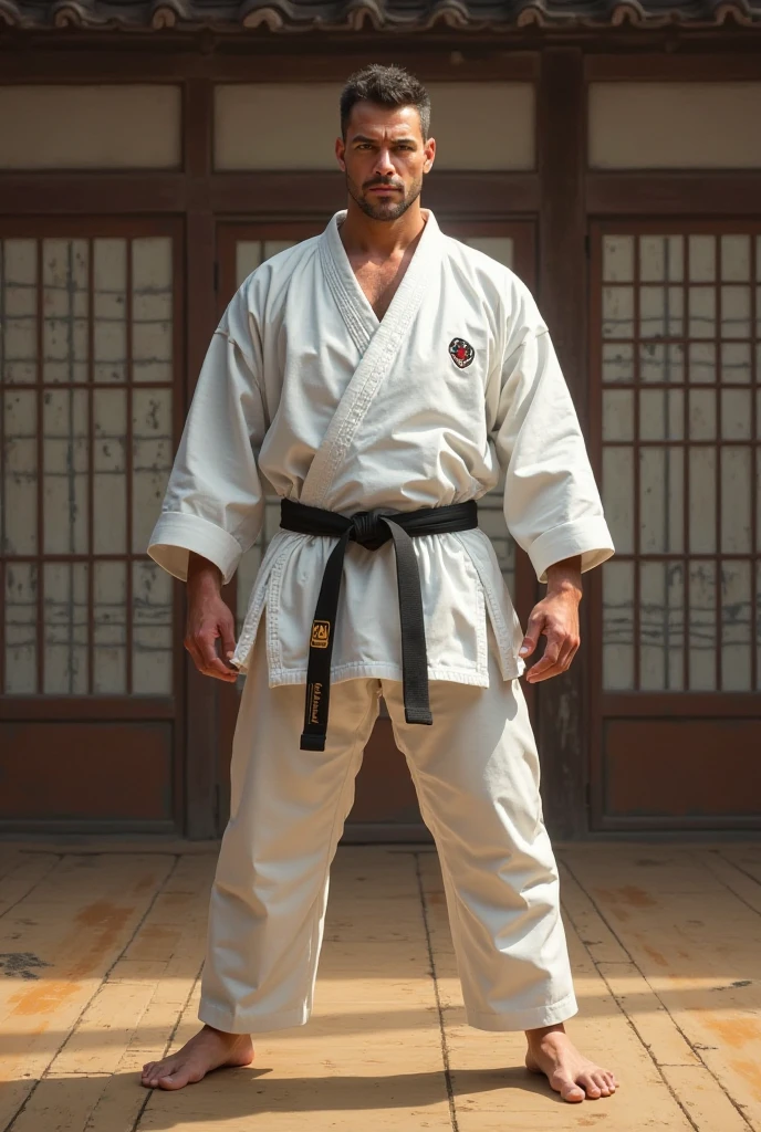 A Jiu-Jitsu fighter wearing a white kimono, with the black sash tied tightly around the waist. Your body is muscular and agile, ready to face any challenge on the mat. He maintains a confident posture, with feet apart and arms relaxed. Your eyes are focused, and its expression conveys determination and respect for the traditions of the sport.