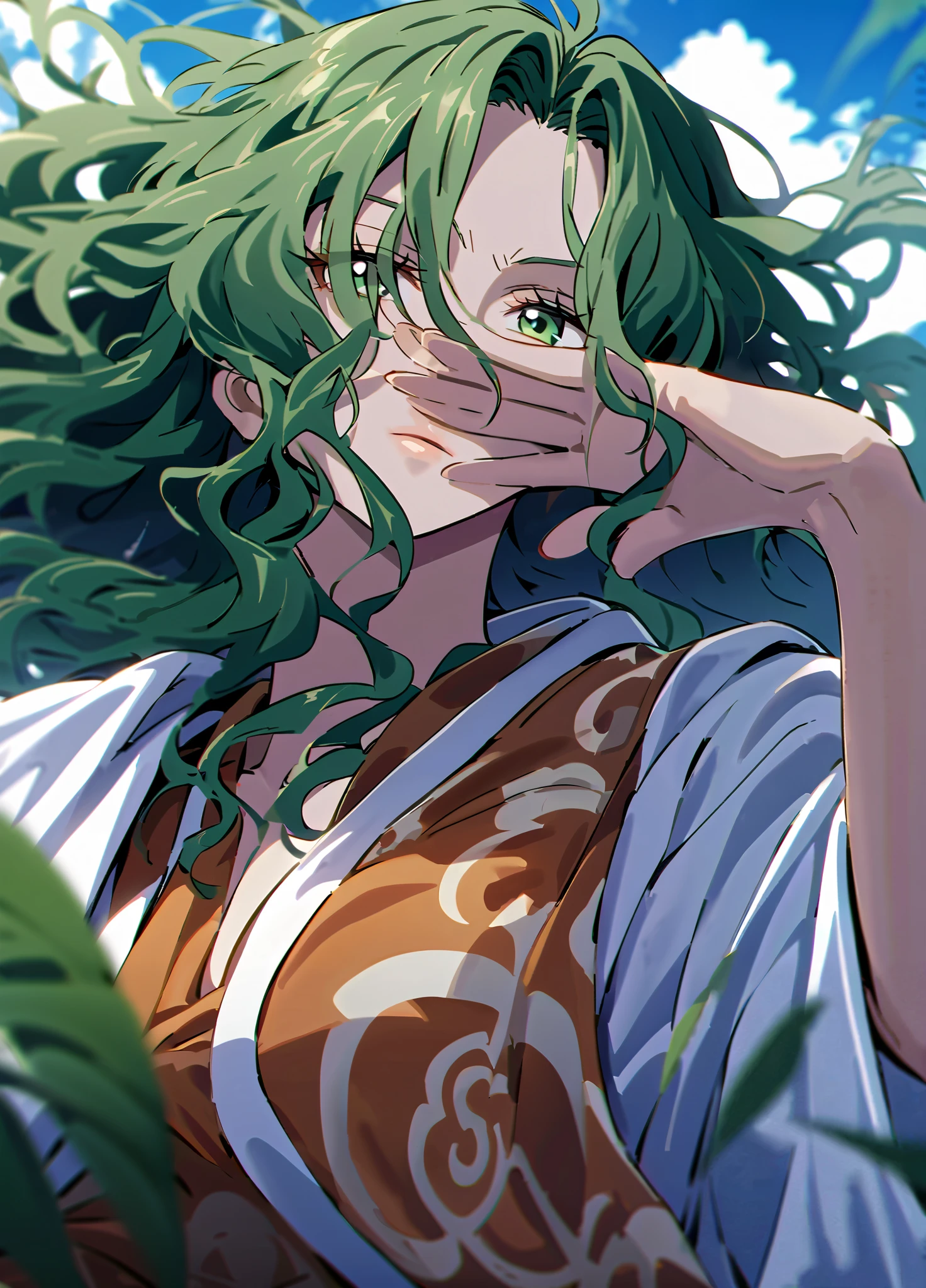  masterpiece, TOP QUALITY), 複雑なexhaustive, 1 girl, woman,  green hair, We \ (One Piece\), ( long hair),  shirt, white  shirt, womanに焦点を当てる,  close ,  orange kimono, Exposing, nature, scenery,  upper body,  Straw Hat, (( front view)) ((  close アップショット)) ((Alone)) (( hair covering one side of the face ))  exhaustive,  Ultra High Definition , No blurry images , full body, green eye, Wavy Hair, ((We from One Piece)) ((female We from One Piece)),  katana 