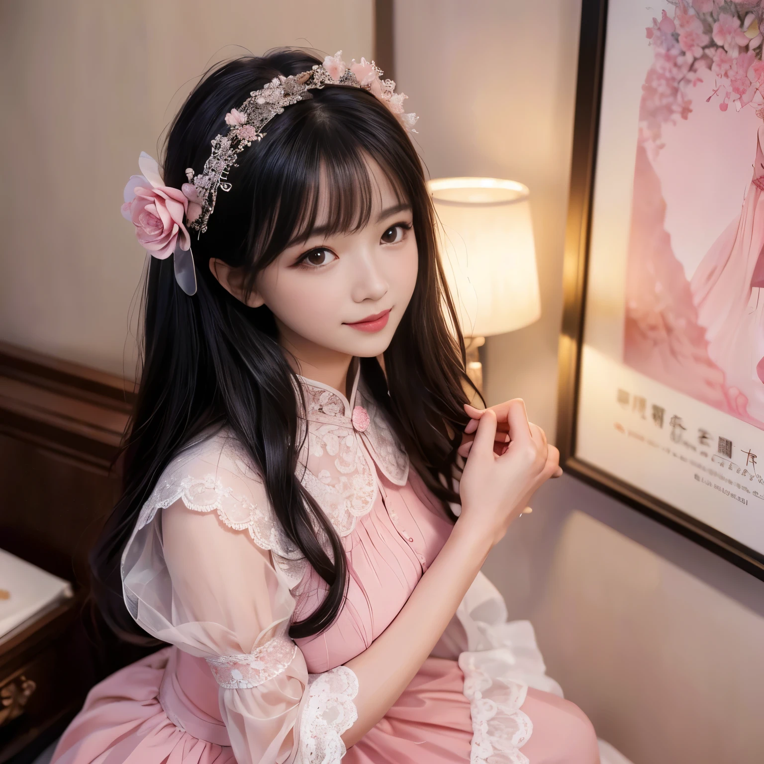best quality, Delicate face,beautiful visual work,lifelike,1 girl, eternity, Black Hair, Long curly hair, bangs, Smile, Pink skirt, Pink dress, layered skirt, Lolityle long skirt,tiered dress with a lace-trimmed skirt, decorate, Lace, Long sleeve, Puff sleeves, Wide sleeves, Transparent sleeves, Hair accessories, in a flower garden, flower, Detailed background, Delicate face,pink blush,白cold,Lots of Lace,((masterpiece))、(top quality)、8k、High Detail、Ultra Detailed,21 years old female,Wearing Pink loli dreDreamy atmosphere:1.1))、Seductive and whimsical style、masterpiece、born、Scenes resembling fairy tale illustrations、Intricate details showcase the ruffles and intricate designs of the Lolita dressne 、magic、capricious、 fine 、Dreamy aesthetics、「art itself、ethereal、charming、fickle、magic」、realism、Visual effect、FXAA、SSAO、shader、voiceless、Ambient Lighting、Tone Mapping、high resolution、 Ultra HD、Million pixels、(8k resolution:1.10)、8k、Below 8k、8k resolution、High Detail、Intricate details, (high quality:1.2、masterpiece:1.2、:1.21)、(21 years old female:1.21)、([Excitedly Smile)、(Surrounded by the Dreamy atmosphere,Model Diagram,Headshot,Normal 2 feet,Hair accessories,Don't show your fingers,lolita cake dresousand layer skirt,Every layer has Lace,cold,Huge breasts,Close-up of face