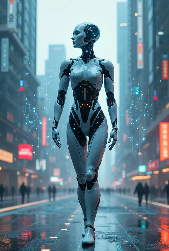 Woman-robot walking down the street in a crowd of people in the big city, defile, high quality, best quality, absurdres, masterpiece, beautiful, intricate details, 1/2 body crop, slim body, beautiful figure, magnificent anatomy, (intricate details:1.12), HDR, (intricate details, hyper-detailing:1.15), (natural skin textures, hyper realisitc, soft light, Sharp:1.2)