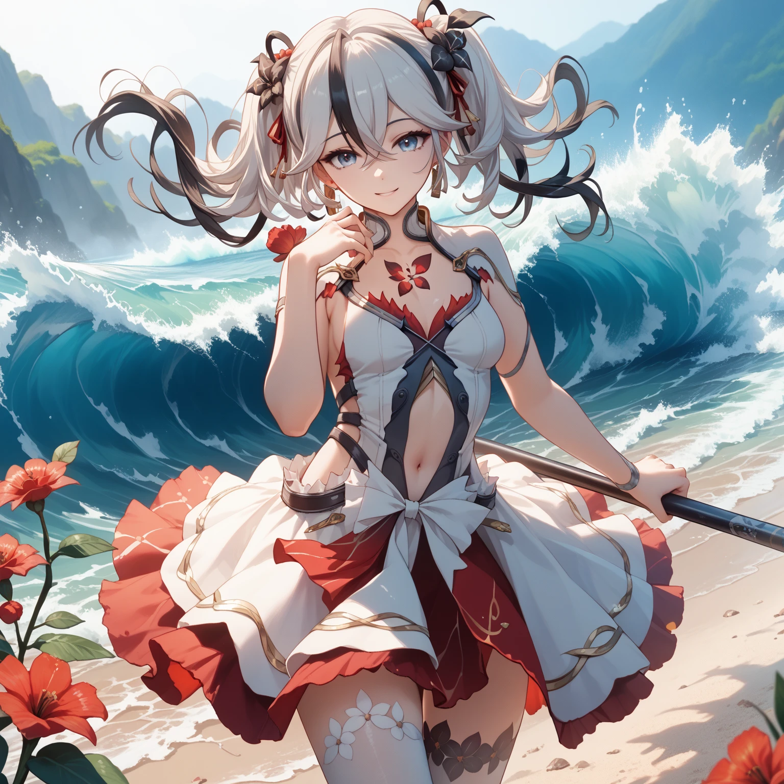 White hair,hugetits,Two-dimensional,red pupils,cat ear,Bikini swimwear,shylily,Hands on the chest,chiquita,coda,Be red in the face,blindfolds,solo person,Stand on one foot,Briefs,swim wears,