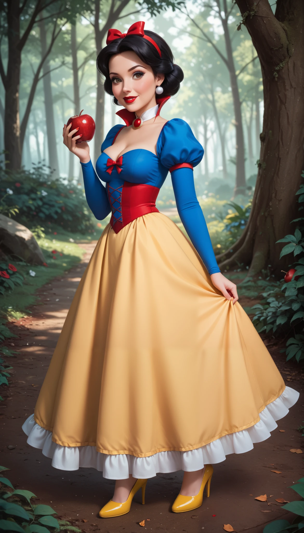 1girl, mature, 18 years old, Snowwhite, Disney, \(Snow White and the Seven Dwarfs\)/,(ultra HD quality details), brown eyes, black hair, bobbed hair, pale skin, rosy red lips, rosy cheeks, brown cape with a red interior, bow-like ribbon, blue sleeves with red slashing, puffy sleeves, yellow skirt, laced petticoat, dress, white collar, long skirt, short skirt, high-heeled shoes, yellow shoes, white stockings, high collar, sexy pose, cleavage, holding a red apple, disney princess magical forest with cute animals background,