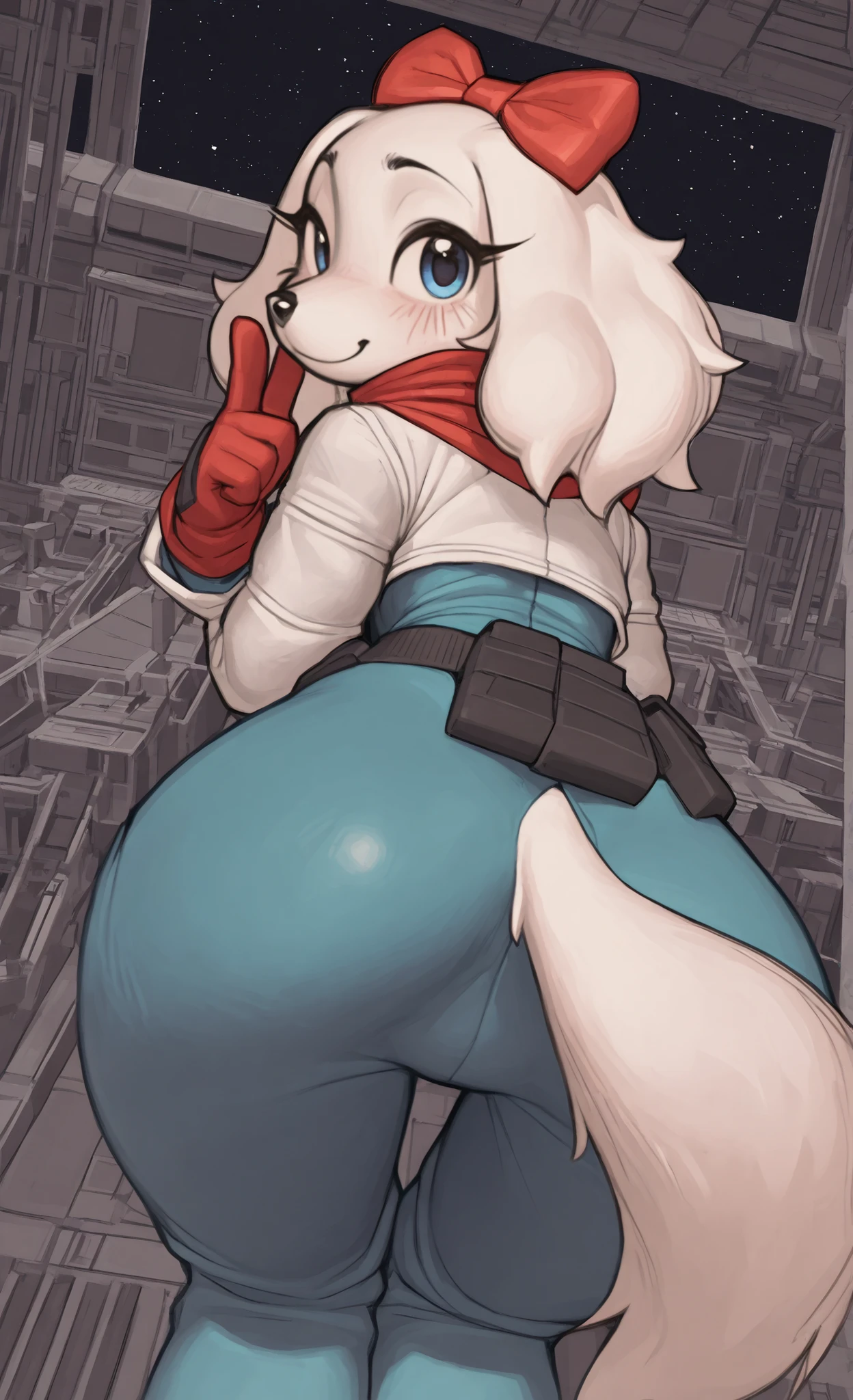((Fay Spaniel)), ((Starfox)), ((pixelsketcher)), ((wamudraws)), ((masterpiece)), ((high resolution)), ((solo portrait)) ((back view)), {(attractive figure), (wide hips), (beautiful legs), (white fur), (black nose), (floppy dog ears), (cute blue eyes), (long eyelashes), (cute smile)}, {(cyan jumpsuit), (white jacket), (red gloves), (red scarf), (utility belt), (giant red bow)}, {(bending over), (looking back at viewer)}, ((hangar)), ((space))