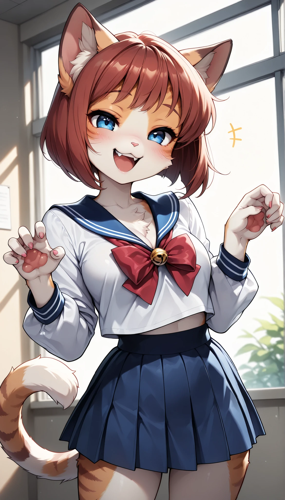 1 Beautiful Girl , cute fur , Furry, Cat face, Cat girl, short bob, (Alluring, smile, Very satisfied,  open your mouth, tooth, Cat&#39;s paw, nail), anime style, (Medium breast),  petite body, very cute, (bust shot,  sailor suit, pleated skirts that blow out, miniskirt), adorable expression,  soft lighting , fantasy seen down, Whimsical,  school background, (TOP QUALITY:1.2, very detailed, High Detailed CG Illustration, soft focus, masterpiece:1.2,  BEST AESTHETICS),