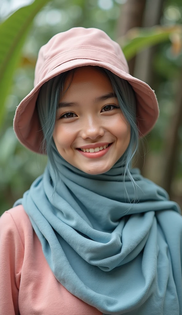 A young Indonesian woman wearing a black hijab and a blue, Reed, green ,withe sweater, posing with a cheerful and relaxed expression by the riverside. She is standing next to a gently flowing river, Big Boobs surrounded by lush greenery and tall trees. The scene conveys a peaceful and natural atmosphere, capturing a moment of contentment and tranquility. Her pose is slightly dynamic, with one hand resting on her hip and the other lightly touching her hijab, adding a sense of casual elegance to the scene. 8K HD, Real Photografy