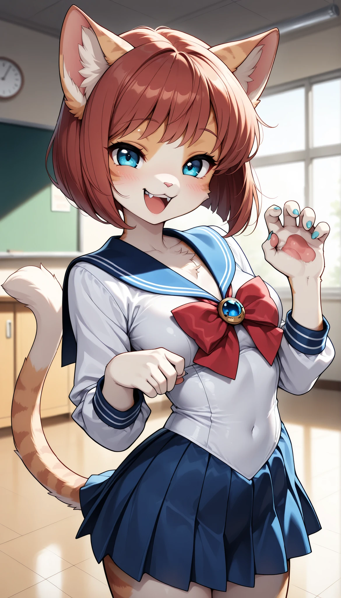 1 Beautiful Girl , cute fur , Furry, Cat face, Cat girl, short bob, (Alluring, smile, Very satisfied, open your mouth, tooth, Cat's paw, nail), anime style, (Medium breast), petite body, very cute, (bust shot, sailor suit, pleated skirts that blow out, miniskirt), adorable expression, soft lighting , fantasy seen down, Whimsical, magic , school background, (TOP QUALITY:1.2, very detailed, High Detailed CG Illustration, soft focus, masterpiece:1.2, BEST AESTHETICS),