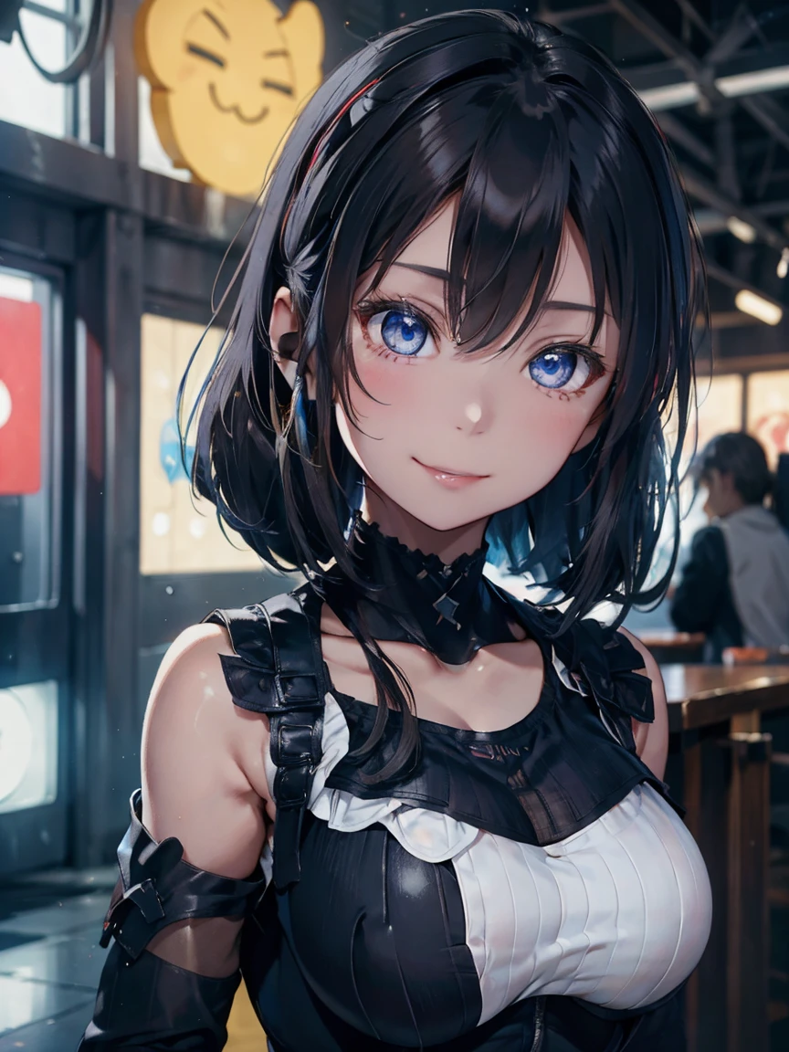 ultra-quality, ultla highres, Hyper Detailed, High contrast, Ultrafine Strike, creative refinement,A dark-haired,Blue lingerie,ssmile,blue corset,Blue garter belt,Show Pub,5 fingers on hand