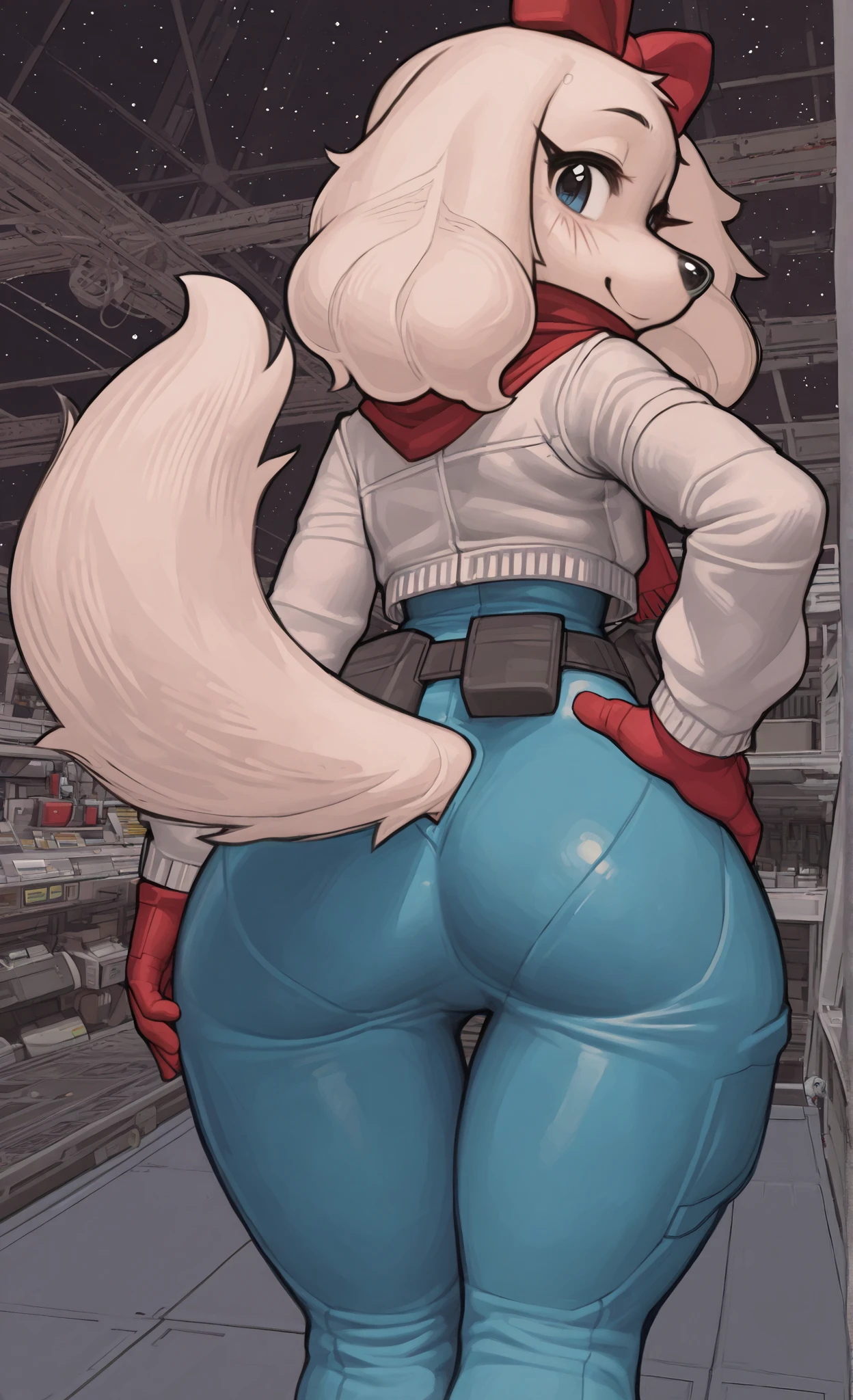 ((Fay Spaniel)), ((Starfox)), ((pixelsketcher)), ((wamudraws)), ((masterpiece)), ((high resolution)), ((solo portrait)) ((back view)), {(attractive figure), (wide hips), (beautiful legs), (white fur), (black nose), (floppy dog ears), (cute blue eyes), (long eyelashes), (cute smile)}, {(cyan jumpsuit), (white jacket), (red gloves), (red scarf), (utility belt), (giant red bow)}, {(standing), (hand on hip), (looking back at viewer)}, ((hangar)), ((space))