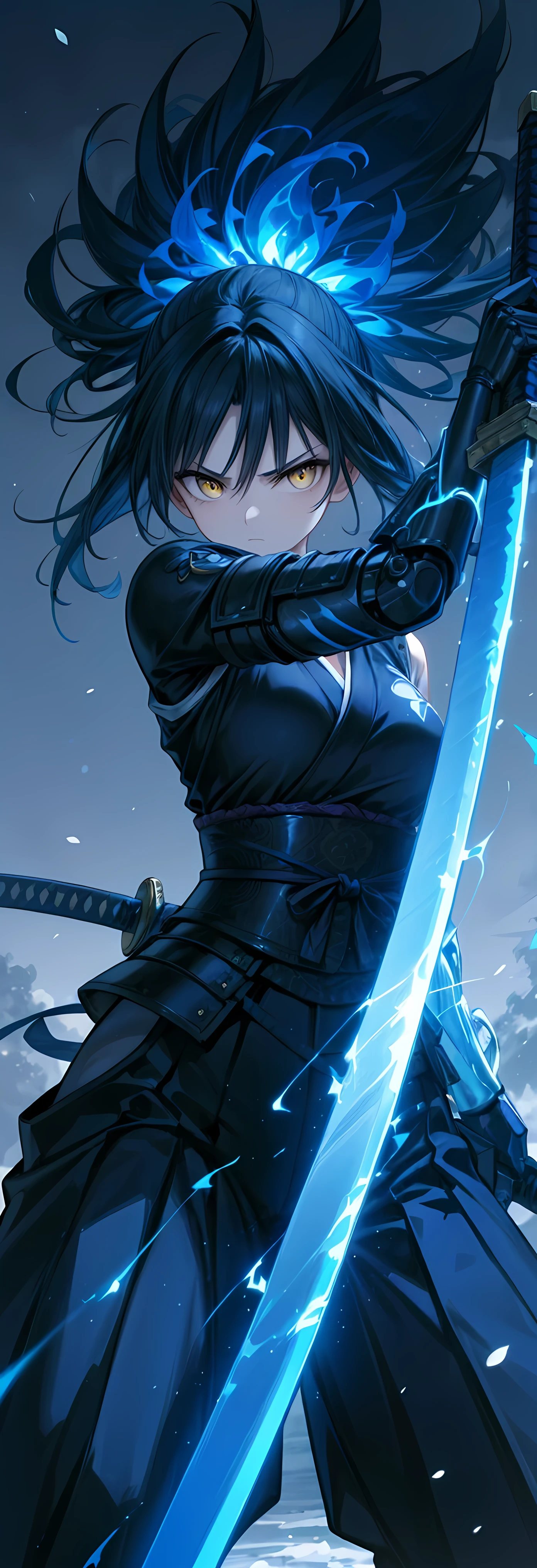 best quality, high detailed, Samurai Girl, mechanical right arm, iai stance, katana, big weapon, frozen arm, cold blue flame, Slash effect, serious, beautiful eyes, super fine eyes