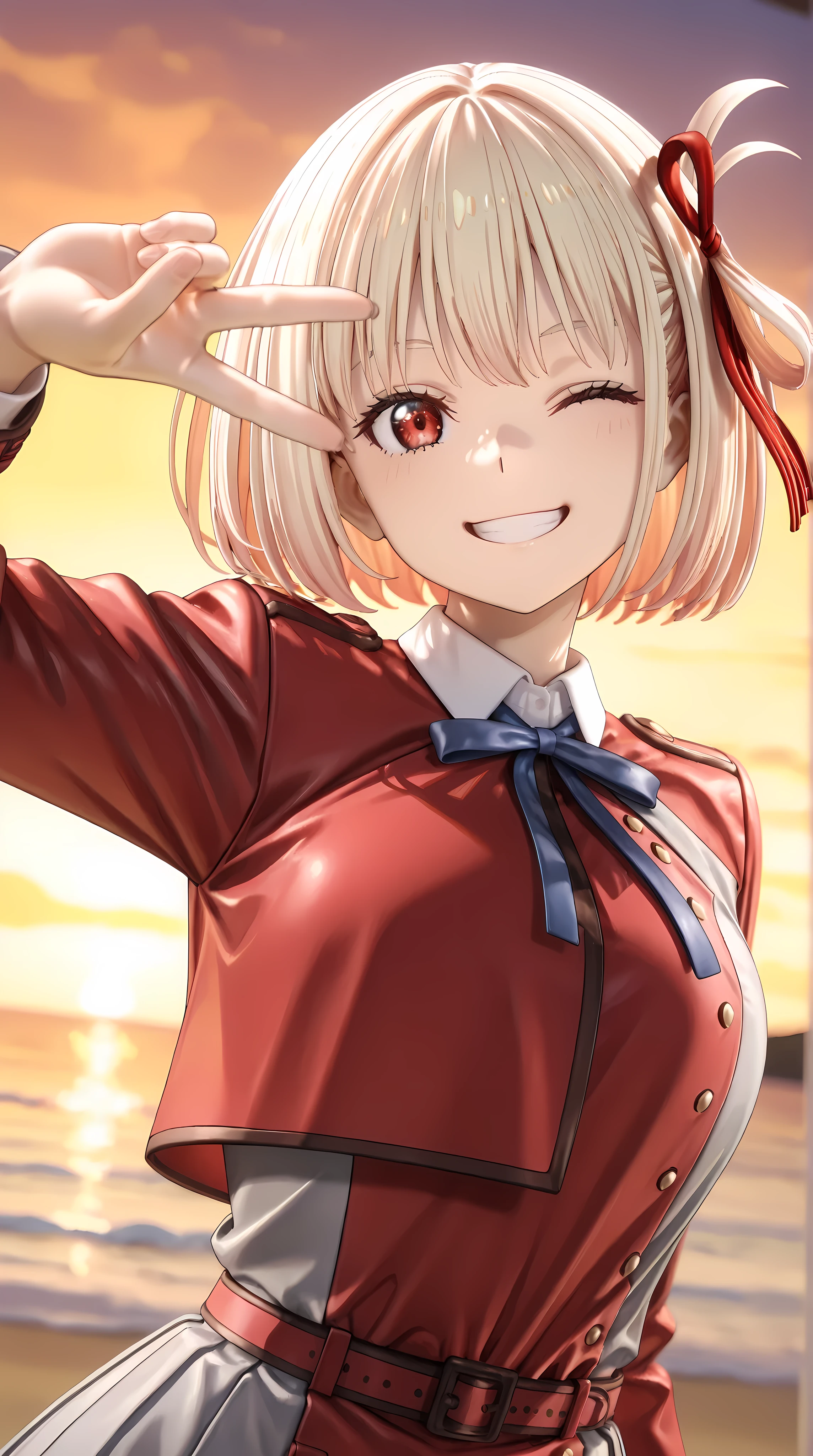 solo, 1girl, (gyaru v:1.3)
BREAK 1girl, chisato nishikigi, short hair, bangs, blonde hair, red eyes, hair ribbon, one side up, bob cut, shirt, long sleeves, dress, ribbon, white shirt, collared shirt, belt, neck ribbon, red dress, blue ribbon, pleated dress, grey dress, two-tone dress, red belt, lycoris uniform,
BREAK one eye closed, grin, smile
BREAK outdoor, beach, sunset
BREAK from bellow, low angle, close-up, perspective, upper body, depth of field, dynamic angle, cinematic shadow
BREAK 3D, (masterpiece, super fine illustration, highly detailed), best quality, expressive eyes, perfect face