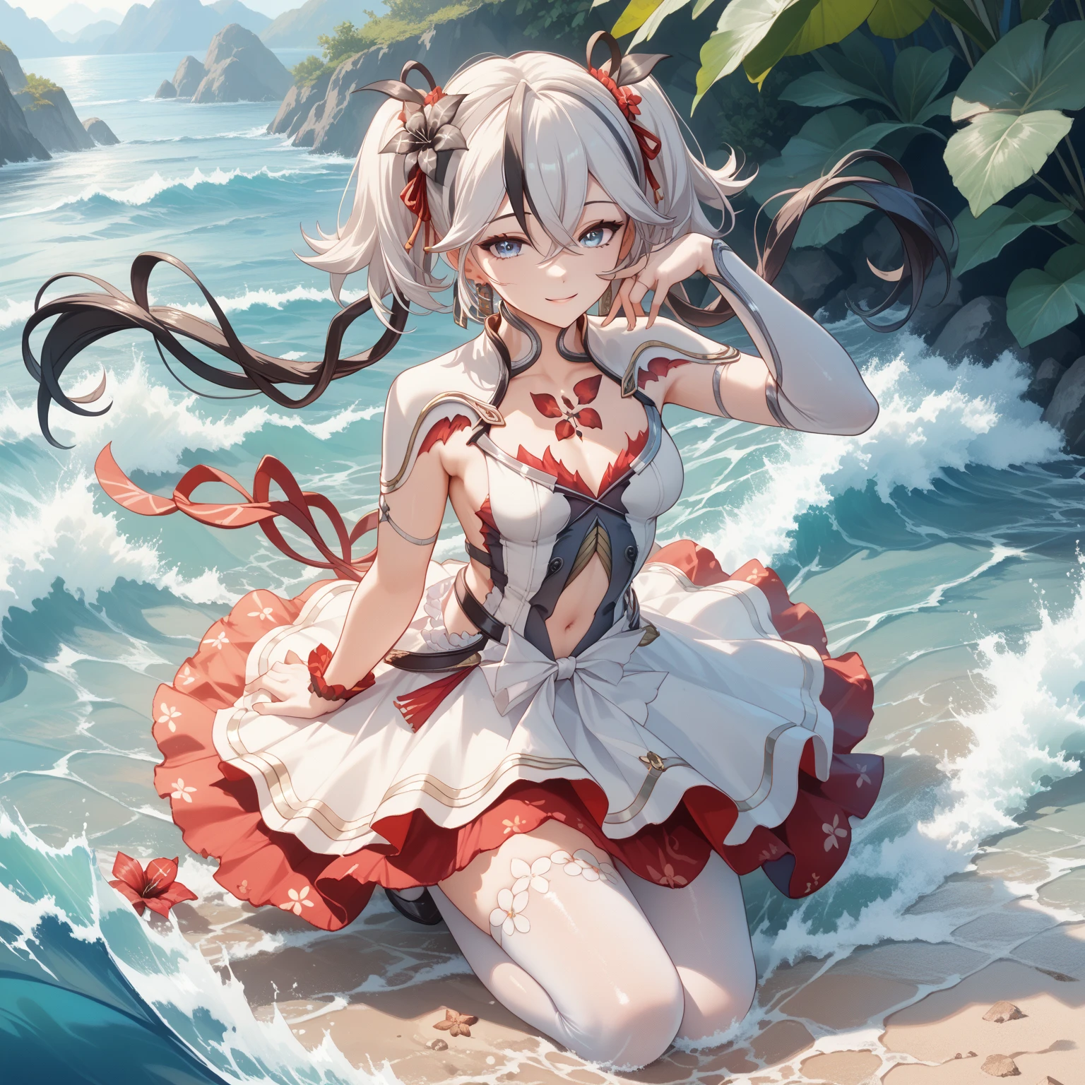 purple color scheme,sky-themed clothes made out of bikini and sky motifs..cute　One-piece swimsuit,pareo,beach, red hair,, two tone hair, shiny hair, jewelry, ,,, dynamic angle, best quality,,,、,10 years old, ,(blooch:1.25), red scarf, ,,,red,ribbon, red hair,orange eyes,, , ahoge, antenna hair, short hair,(small breasts:1.2),,(side ponytail:1.2),1girl,