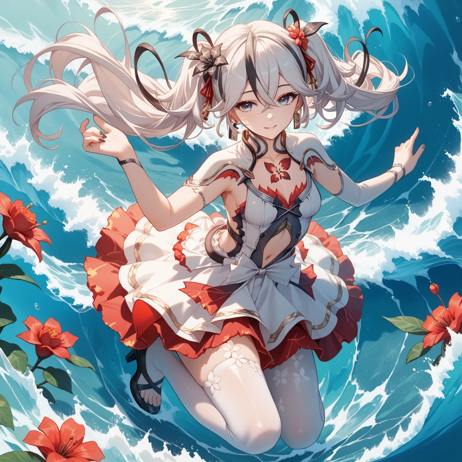 score_9, score_8_up, score_7_up, source_anime, (masterpiece), best quality, expressive eyes, perfect eyes, perfect face, oni girl, oni horns, red eyes, soft lips, long hair, very long hair, wide hips, (white hair:1.2), (white eyebrows:1), (white eyelashes:1), medium breasts:0.5, higuchi madoka, big breasts:0.3, full body, background: Concert stage, marine_idol, hololive idol uniform, white bow, white gloves, red ribbon, red bowtie, layered skirt, navel cutout