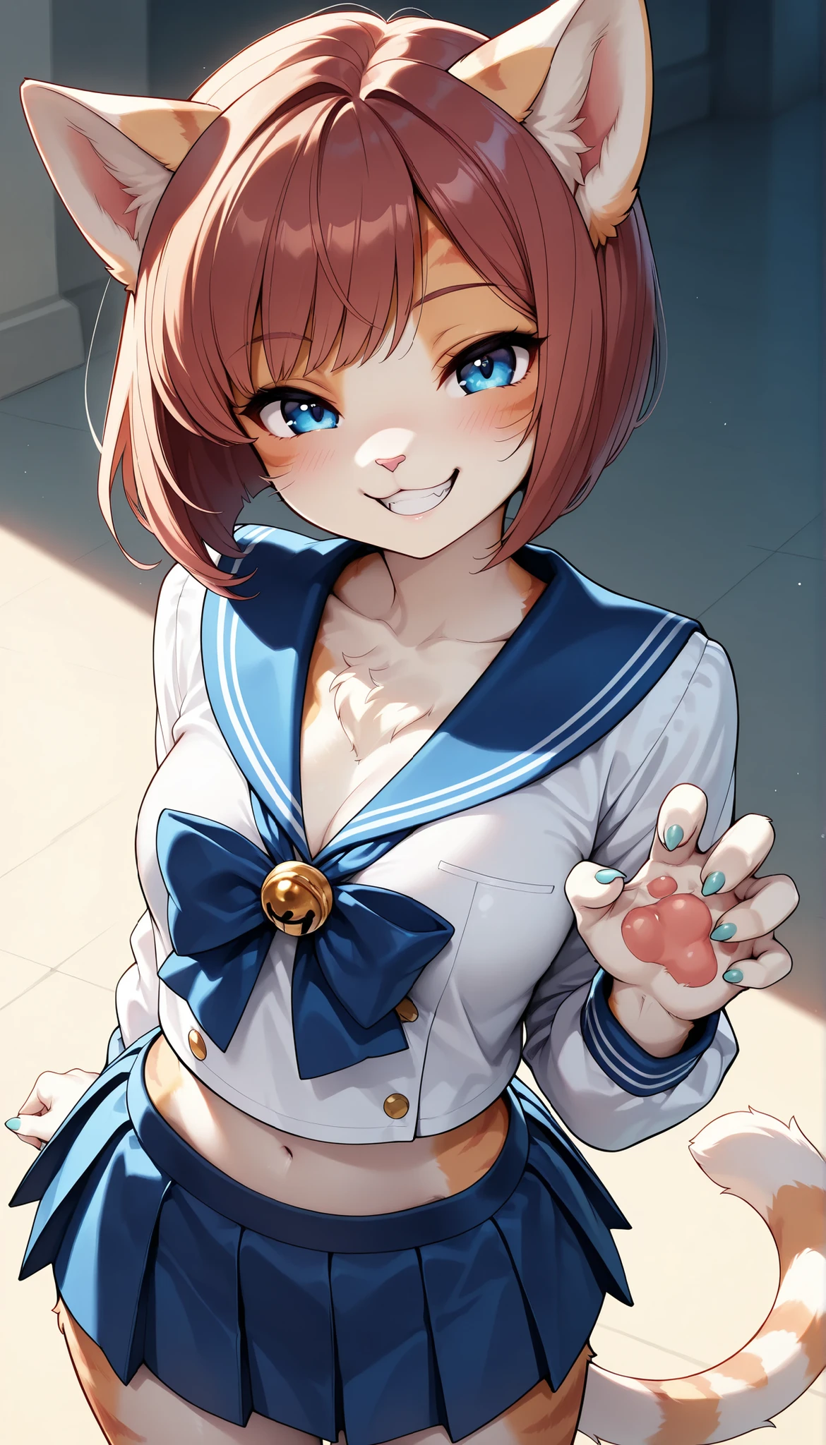 1 Beautiful Girl , cute fur , Furry, Cat face, Cat girl, short bob, (Alluring, smile, grin , tooth, Cat's paw, nail), anime style, (Medium breast), petite body, very cute, (bust shot, sailor suit, pleated skirts that blow out, miniskirt), adorable expression, soft lighting , fantasy seen down, Whimsical, school background, (TOP QUALITY:1.2, very detailed, High Detailed CG Illustration, soft focus, masterpiece:1.2, BEST AESTHETICS),