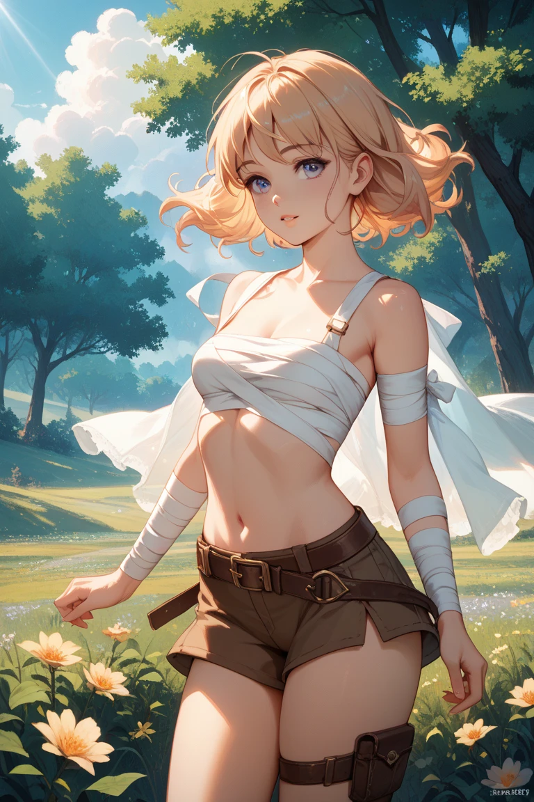 flat chests, nsfw, masterpiece, 1 girl, erect nipples, intricately detailed, topless, navel, bare shoulders, necklace, blonde hair, body tattoo, scottish skirt, leather belt, mountainous horizon, mountains, forest, blue sky, extremely detailed, photorealistic, octane render, 8 k, unreal engine, bare breasts, nipples, aqua eyes, carrying spear, bare stomach, sweaty, people on background, moist breath, child, arm strap, 1 side braid, tartan