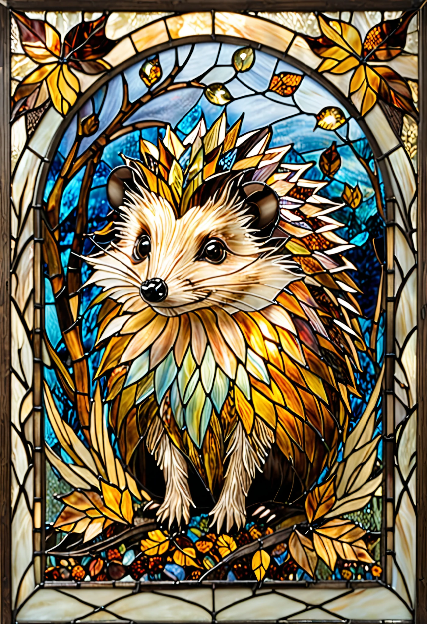 "A stunning stained-glass artwork featuring a single, adorable hedgehog as the focal point. The hedgehog gazes forward with big, expressive eyes, radiating curiosity and warmth. Its quills are intricately detailed, appearing sharp and lifelike with natural variations of brown, amber, gold, and soft ivory tones—without any blue hues. The background consists of a harmonious blend of soft golden sunlight and gentle blue sky, creating a balanced and tranquil atmosphere without overpowering the hedgehog. Delicate tree branches frame the scene with subtle stained-glass textures, while the ground is adorned with warm, earthy autumn leaves that enhance the natural setting. The stained-glass effect is rich in detail, with carefully crafted leaded outlines that emphasize depth and elegance, ensuring the hedgehog remains the central focus in this mesmerizing composition."
