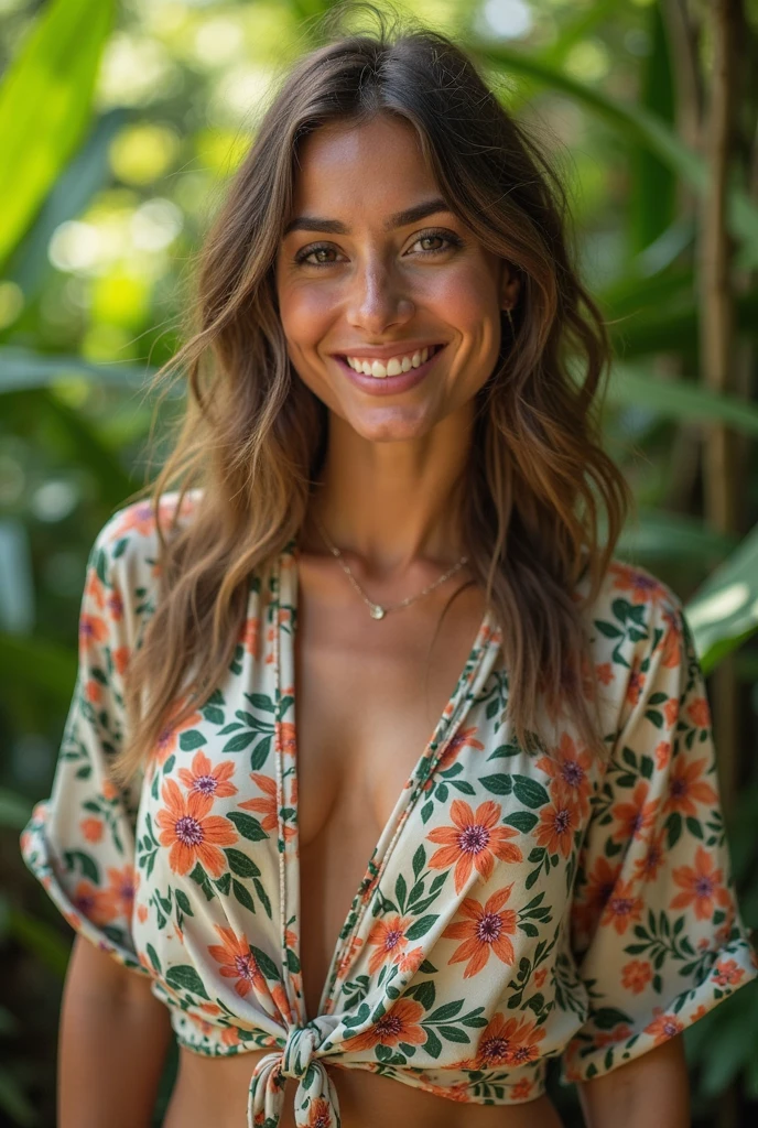 A Brazilian woman in a lush tropical garden, wearing an open shirt with a floral print, with a close-up capturing the harmonious beauty between her breasts and the natural flowers, showing off your natural charm and outgoing personality.