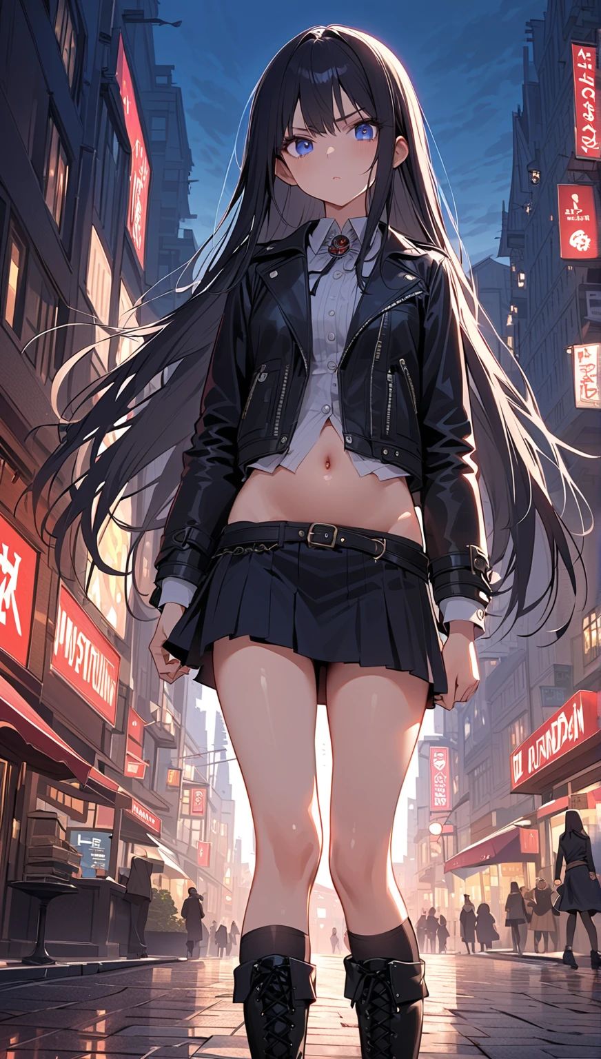 masterpiece, best quality,extremely beautiful detailed anime face and eyes,extremely detailed illustrations,Perfect Anatomy, 1woman solo,20 year old beauty、black hair,long hair,blunt bangs,black eyes,slender body, ideal ratio body proportions,medium breasts,punk rock fashion、black leather jacket、white bra、Navel is visible、Black miniskirt、pleated skirt、thigh_gap, black_thighhighs,outdoor、bustling street、neon、Tokyo、