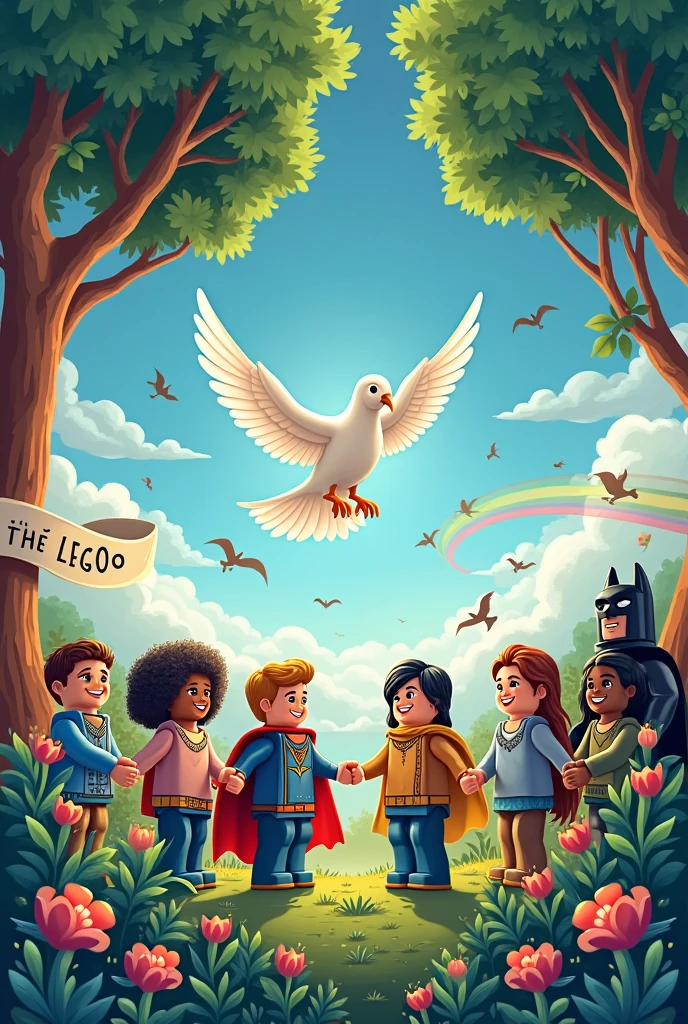 children, black, white, blondes, dark-skinned, redhead in front of The Church of Jesus Christ of Latter-day Saints without a cross playing in the shape of a Disney cartoon