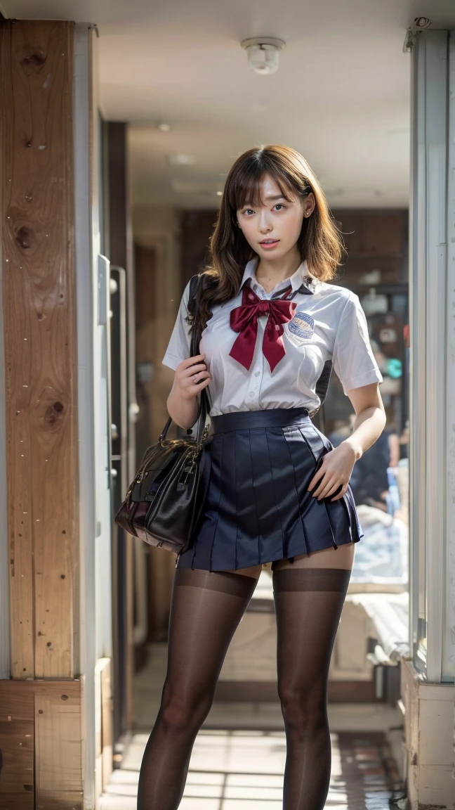High resolution、High resolution、In 8K、RAWphotographgraphy、Highest quality、masterpiece、Tabletop、erotic、student、 good,White skin,knees,(Skin-colored pantyhose),Detailed Panty Pattern、Panty Focus、Pink Panties、Absurd,Small face、Big Breasts、前hairを真ん中から分ける、The forehead is visible,(Cold look<eyeを細めて,Glare,strong,Light anger)、masterpiece,Highest quality、超High resolution,RAWphotograph,only,Beautiful poop,One person, One personで,Dark look,Small breasts,whole body、very nice、JK ,high school girl,Japanese women,Are standing,(Realistic:1.37)、Photon Mapping,Light blue ribbon,Realistic、Cute Face,茶色のeye、Black socks、22 years old、(Red bow tie)、Radio City、物理ベースonlyダリング、prospect、Written boundary depth、Blurred Background、photograph,girl、body,Beautiful legs, Long legs, Thin legs,(前hairが見える), hair, lips, green_eye, Nose Soft,(Light blue shirt), (Navy Pleated Skirt), kneesが見える,See-through clothing,, thigh, black cotton socks,Nogizaka Idol, , Japanese Ido、キラキラしたeye、Glossy lips、