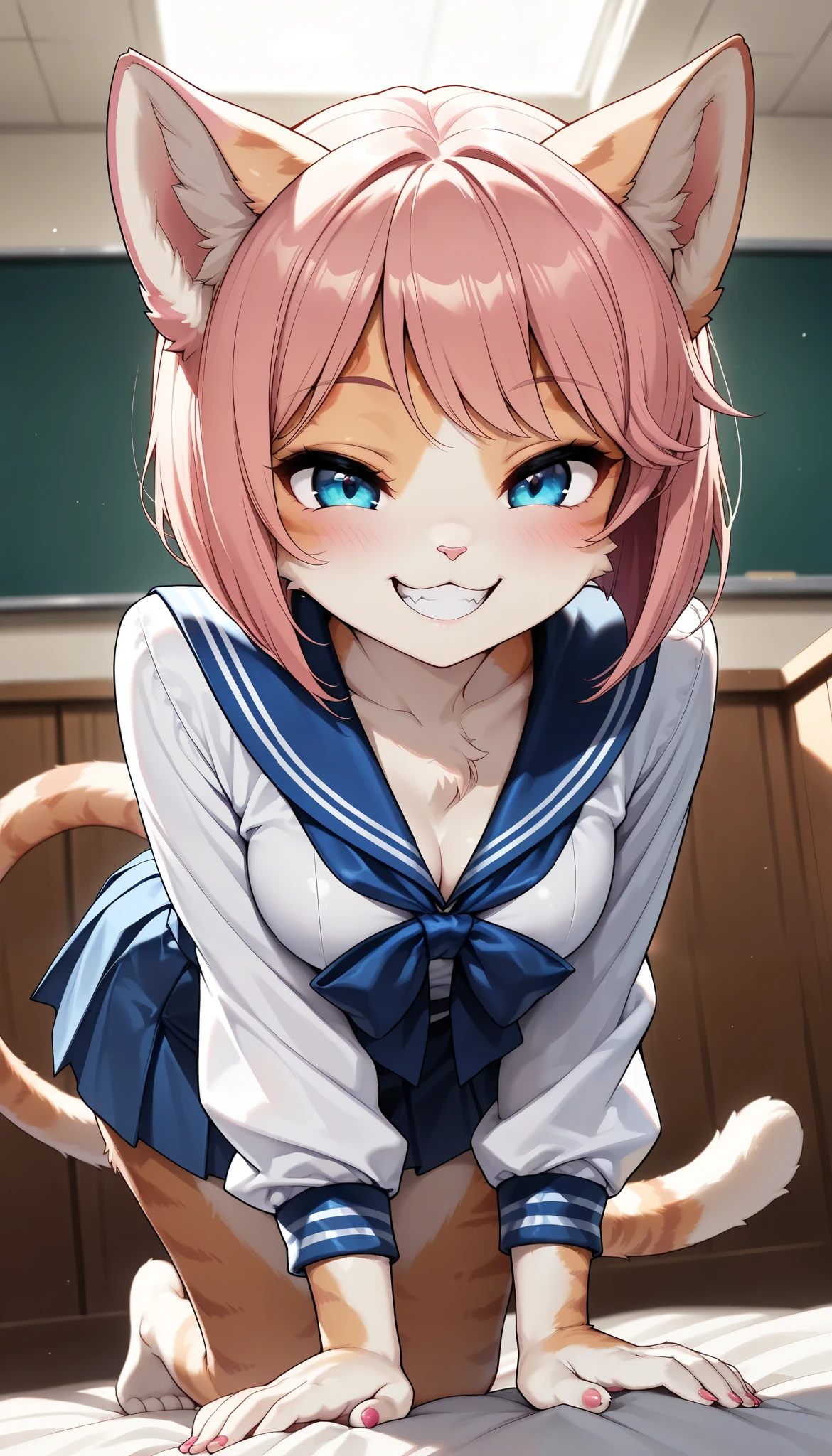 1 Beautiful Girl , cute fur , Furry, Cat face, Cat girl, short bob, (Alluring, smile, grin , tooth, Cat's paw:1.4, nail), anime style, (Medium breast), petite body, very cute, ( on all fours, sailor suit, pleated skirts that blow out, miniskirt), adorable expression, soft lighting , fantasy seen down, Whimsical, school background, (TOP QUALITY:1.2, very detailed, High Detailed CG Illustration, soft focus, masterpiece:1.2, BEST AESTHETICS),