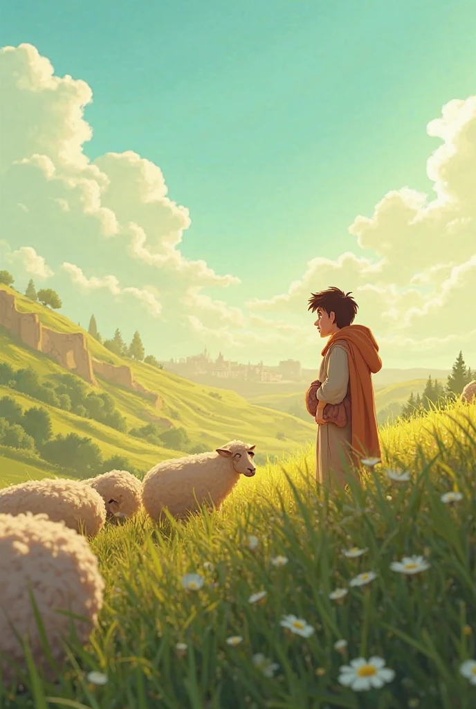 A young shepherd, red-haired sheepherder, with a staff in his hands, taking care of sheep, rural backdrop, night lighting, children's digital drawing, super realistic and making direct eye contact with the viewer.
