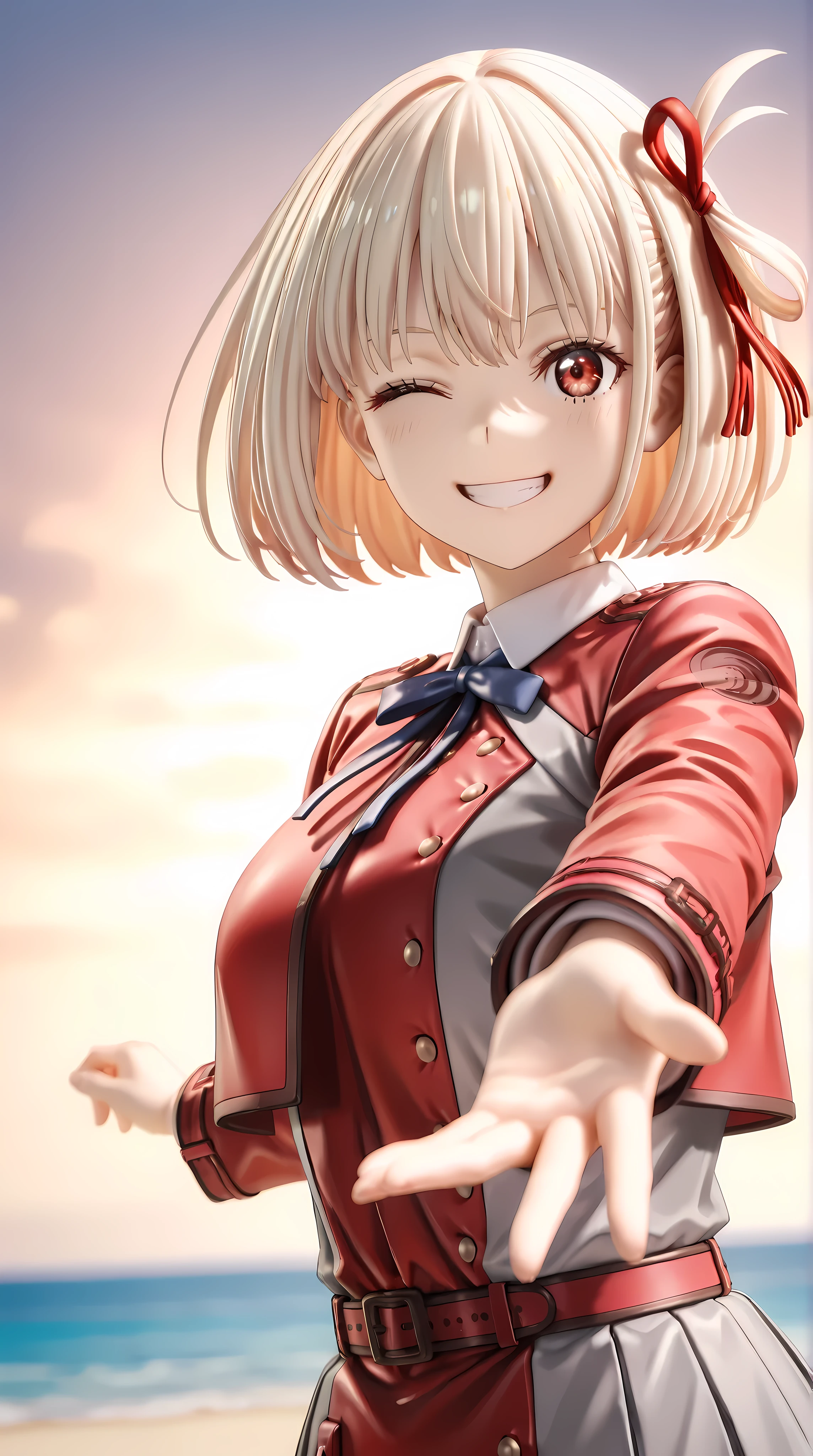 solo, 1girl, (reaching towards viewer:1.3)
BREAK 1girl, chisato nishikigi, short hair, bangs, blonde hair, red eyes, hair ribbon, one side up, bob cut, shirt, long sleeves, dress, ribbon, white shirt, collared shirt, belt, neck ribbon, red dress, blue ribbon, pleated dress, grey dress, two-tone dress, red belt, lycoris uniform,
BREAK one eye closed, grin, smile
BREAK outdoor, beach, sunset
BREAK from bellow, low angle, close-up, perspective, upper body, depth of field, dynamic angle, cinematic shadow
BREAK 3D, (masterpiece, super fine illustration, highly detailed), best quality, expressive eyes, perfect face