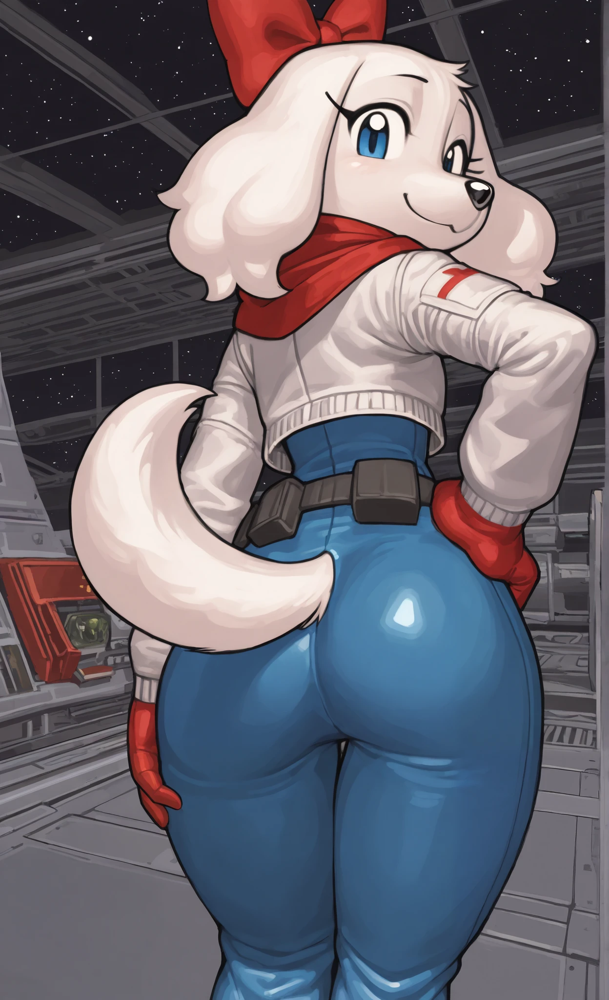 ((Fay Spaniel)), ((Starfox)), ((pixelsketcher)), ((wamudraws)), ((masterpiece)), ((high resolution)), ((solo portrait)) ((back view)), {(attractive figure), (wide hips), (beautiful legs), (white fur), (black nose), (floppy dog ears), (cute blue eyes), (long eyelashes), (cute smile)}, {(cyan jumpsuit), (white jacket), (red gloves), (red scarf), (utility belt), (giant red bow)}, {(standing), (hand on hip), (looking back at viewer)}, ((hangar)), ((space))