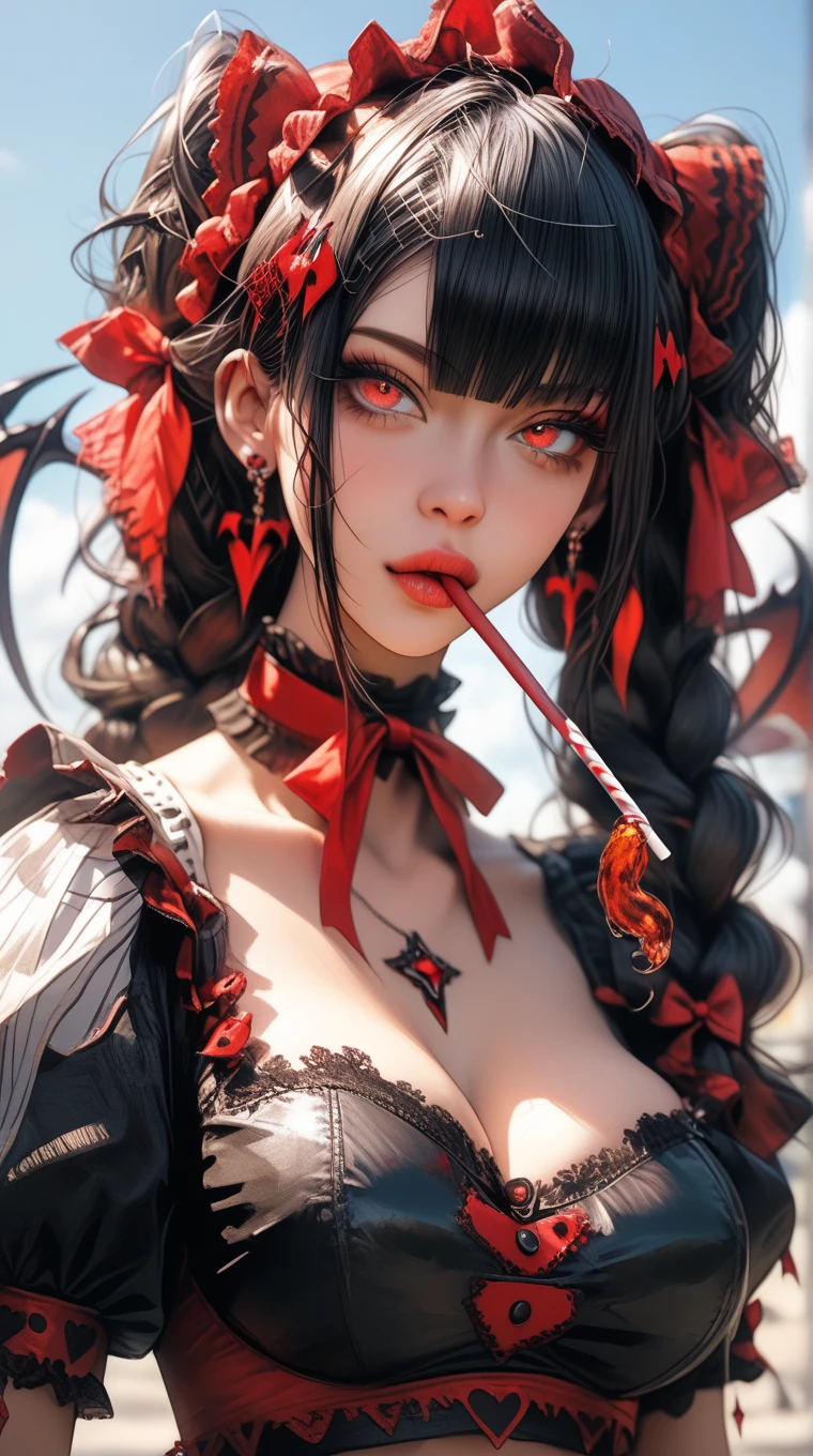 masterpiece, best quality, 8K wallpaper, HDR, octane rendering. One girl, Clown, juggling, jumps, circus, arena, detailed background, wearing (black pleated mini skirt with suspenders), (fishnet stockings), (clown shoes), detailed landscape, the girl has (messy hair, shiny black hair :1.3), (beautiful and detailed face with perfect symmetry), (beautiful and detailed green eyes), (red lips, smile, teeth:1.2), (body with perfect anatomy, perfect natural texture, high details, glowing skin) lighting cinematic, vivid colors, detailed illustration, depth of field