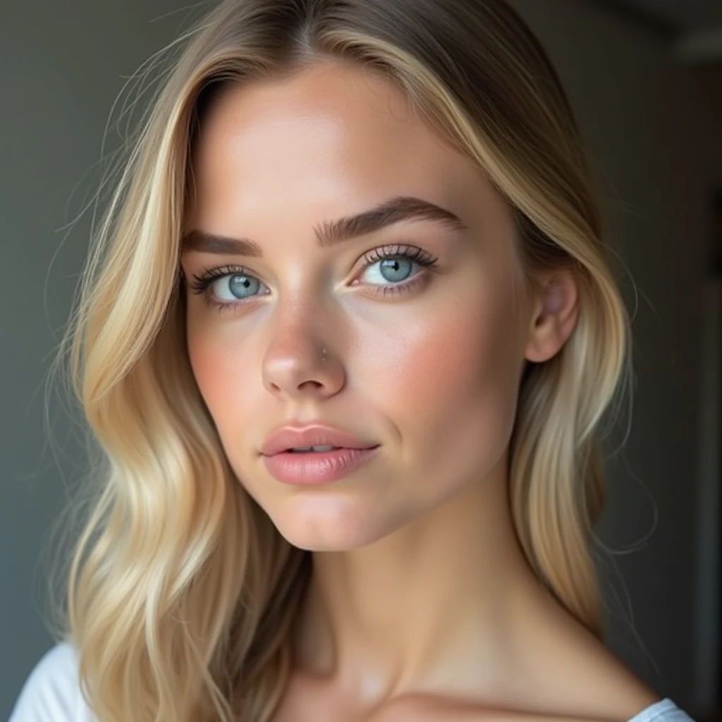 A realistic photo of a beautiful rusian woman,Blonde hair,crop,influencer on Instagram