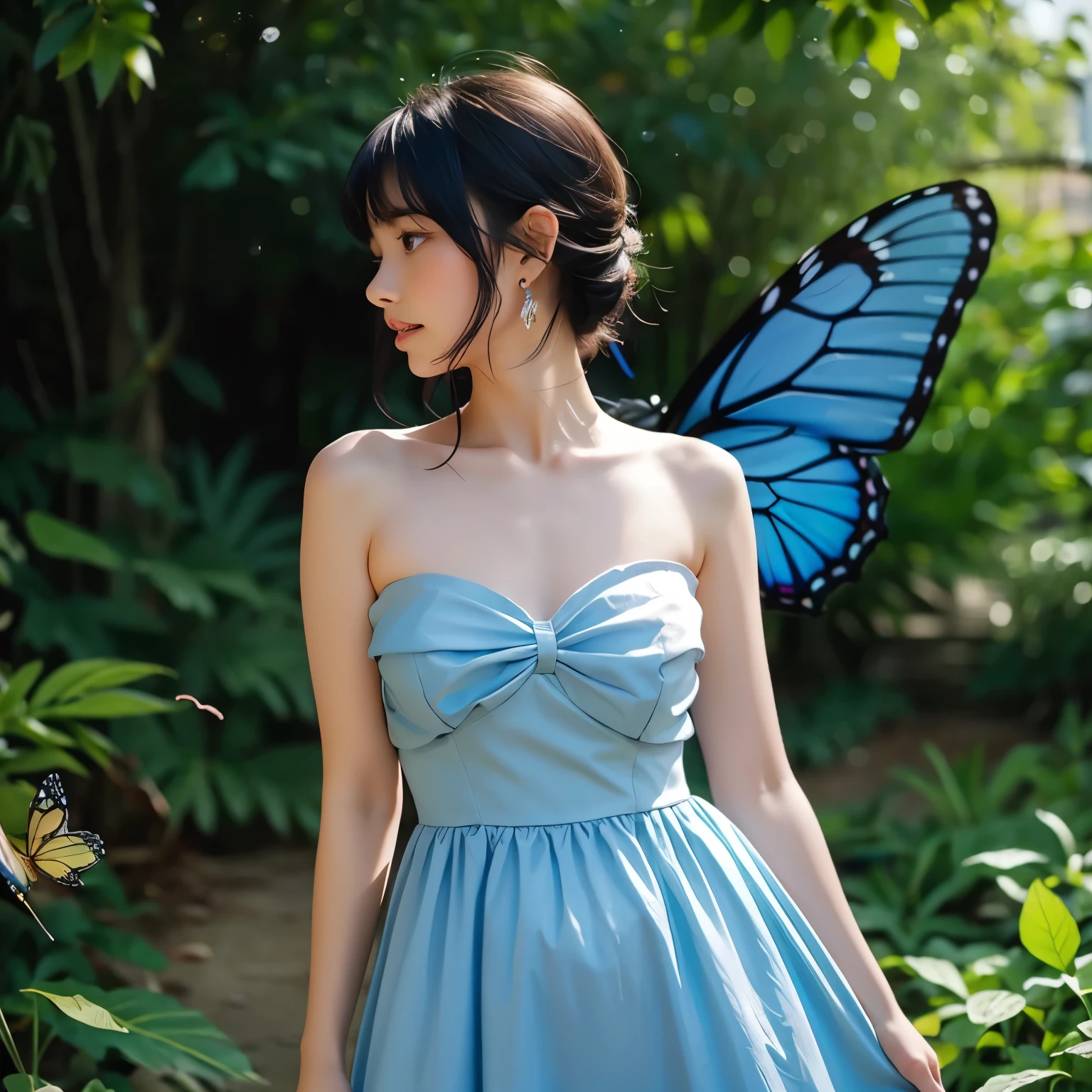 1girl in, bangs, Only_missiles, Only_shoulders, blue_butterfly, blue_Dress, bug, butterfly, butterfly_ABOUT_Hand, butterfly_Wings, clavicle, Dress, earrings, greys_Background, Jewelry, up looking_Away, multicolored _hair, profile, Short_hair, Alone, strapless, strapless_Dress, Wings, yellow_butterfly