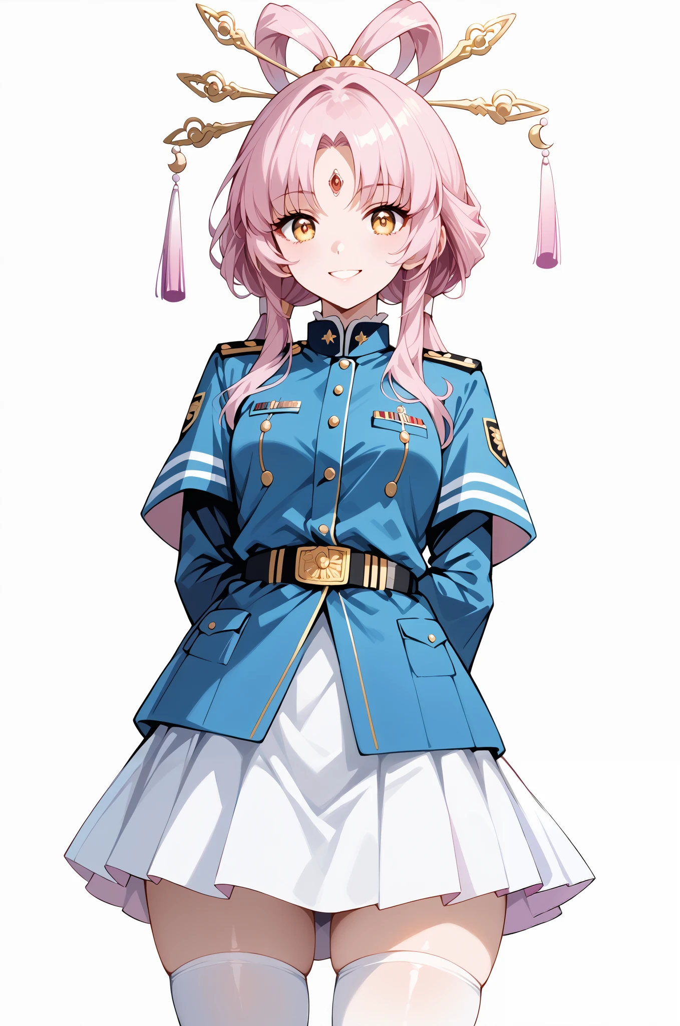 score_9, score_8_up, score_7_up, source_anime, 4K,perfect fingers,(perfect hands, perfect anatomy),prefect lighting, very aesthetic, intricate details,highly detailed background, masterpiece, high quality, best quality,
1girl,solo,fu xuan, pink hair, yellow eyes, bare shoulders, parted bangs, twin tails, bow-shaped hair, low twintails,Large Breast,
wearing ((blue jacket, blue skirt, jacket,military, military uniform,shirt, skirt, thighhighs, )),,
((White plain background:1.5)) , looking at viewer, smile,((hands behind back:1.5)), (perfect hands, perfect anatomy),cowboy shot, filed, high thigh individual , fullbody,Stand up,((front look:1.5)),