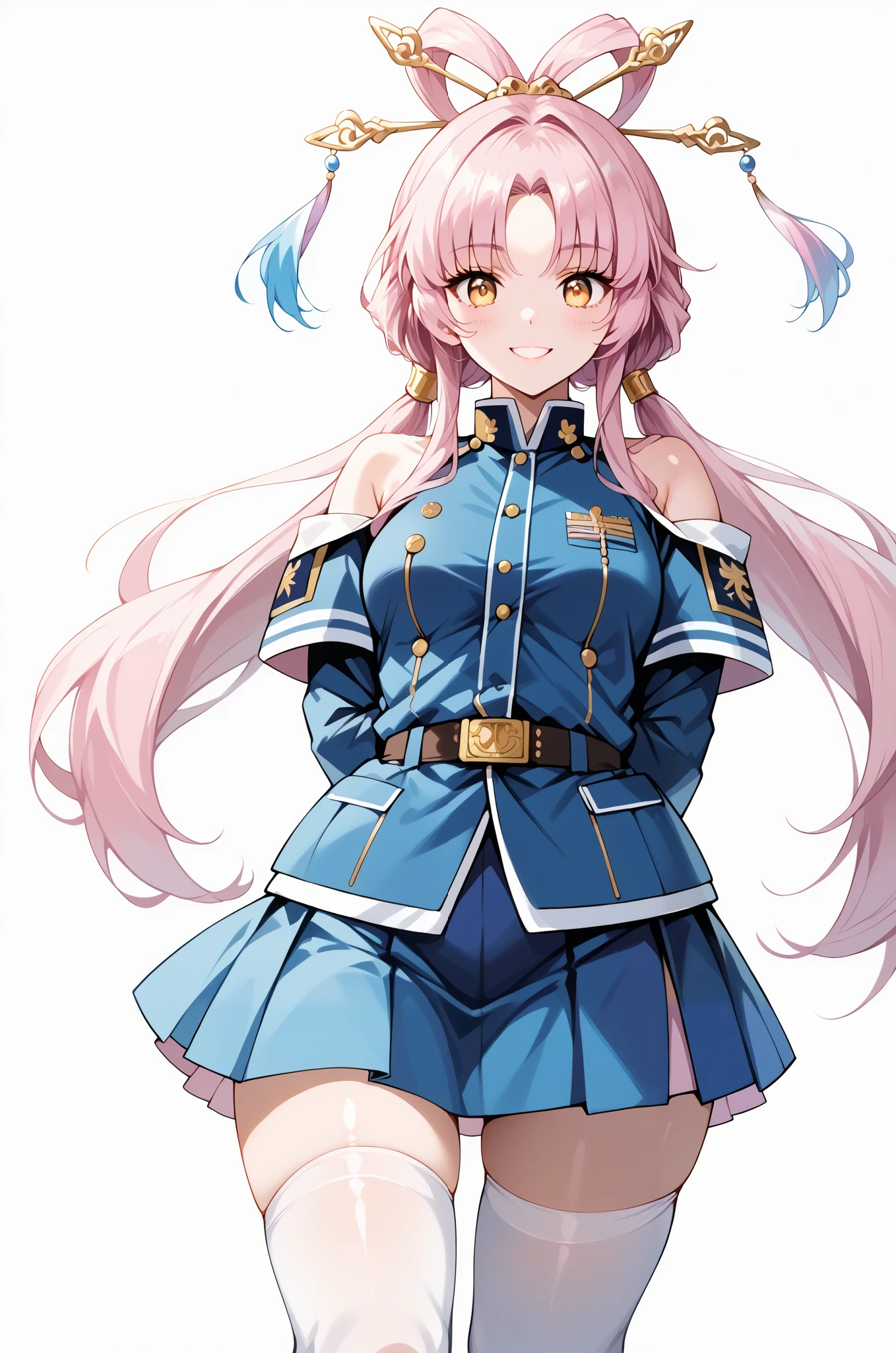 score_9, score_8_up, score_7_up, source_anime, 4K,perfect fingers,(perfect hands, perfect anatomy),prefect lighting, very aesthetic, intricate details,highly detailed background, masterpiece, high quality, best quality,
1girl,solo,fu xuan, pink hair, yellow eyes, bare shoulders, parted bangs, twin tails, bow-shaped hair, low twintails,Large Breast,
wearing ((blue jacket, blue skirt, jacket,military, military uniform,shirt, skirt, thighhighs, )),,
((White plain background:1.5)) , looking at viewer, smile,((hands behind back:1.5)), (perfect hands, perfect anatomy),cowboy shot, filed, high thigh individual , fullbody,Stand up,((front look:1.5)),