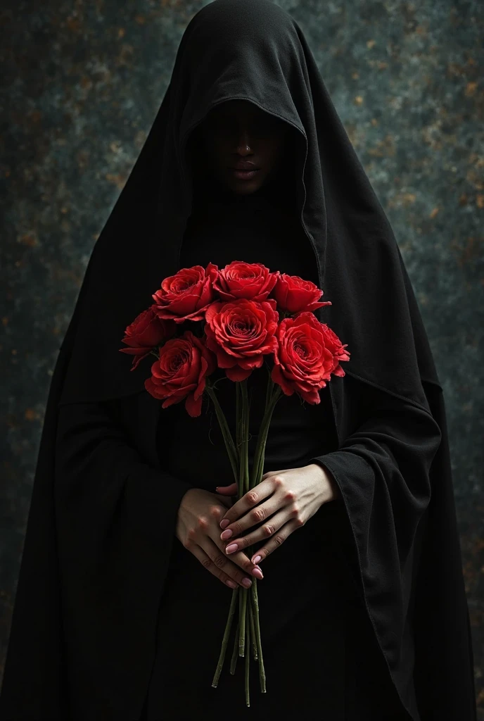 Irani girl, chadar, black hijab, veil, , , abaya hairs hide , face hide , full body cover with black aba, wallpaper , red rose , back groud open doors, heaven look