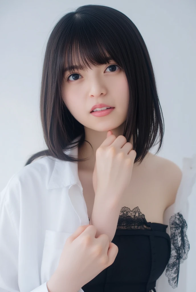 There is a woman sitting on bed in a black shirt, Short hair, Chiho, shikamimi, Yoshitomo Nara, 8K Selfie, 8K)), 19-year-old girl, Ulzzang, Hungry Ghost Festival, 🤤 Portrait of a Girl, sakimichan