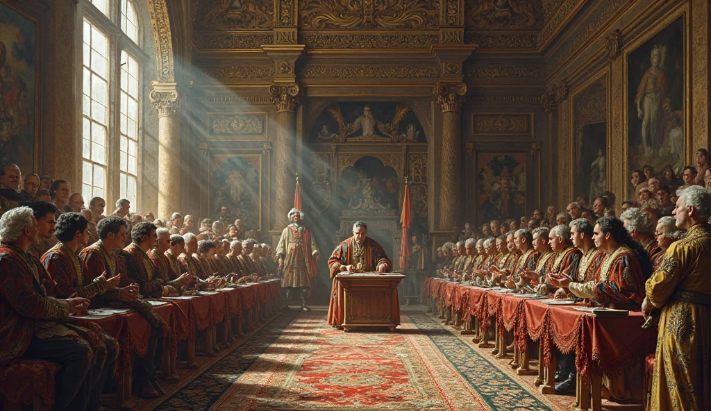 Persian king meeting with his generals, at a table with a giant banquet in a palace hall crowded with people to celebrate a festival --auto --s2